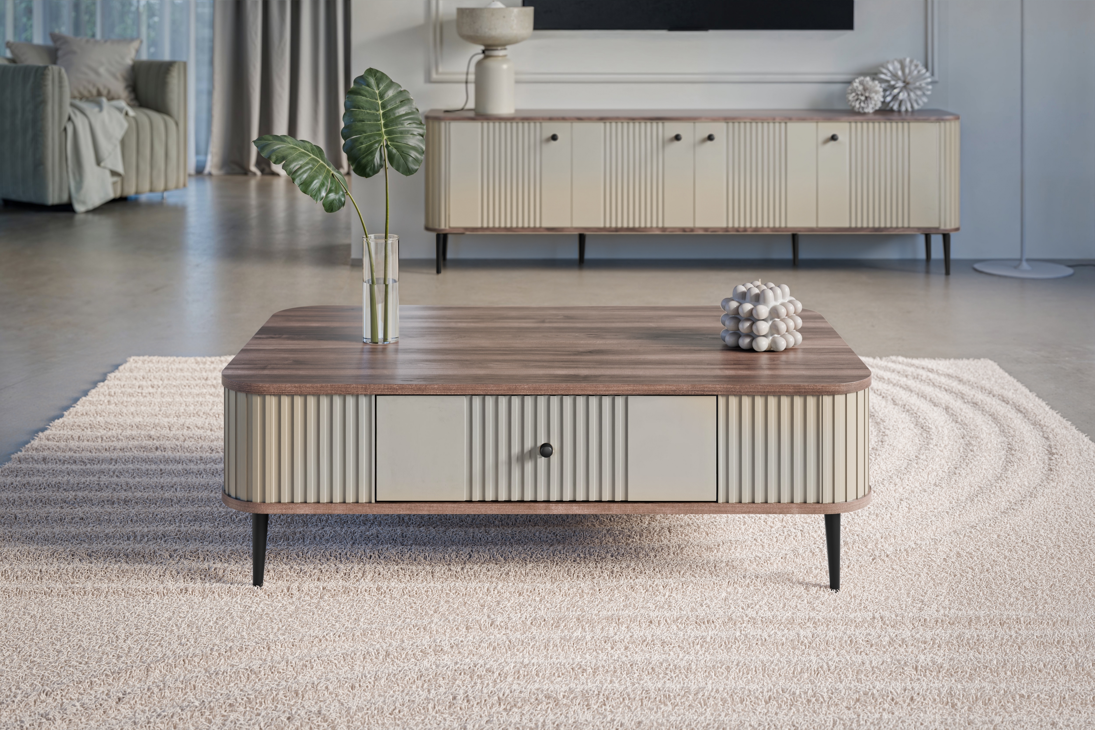 Konferenčný stolík Vespera 103x60 cm - kašmírová / orech / čierne nožičky Konferenčný stolík z szuflada Vespera 103x60 cm - kašmír / Orech / čierny nožičky