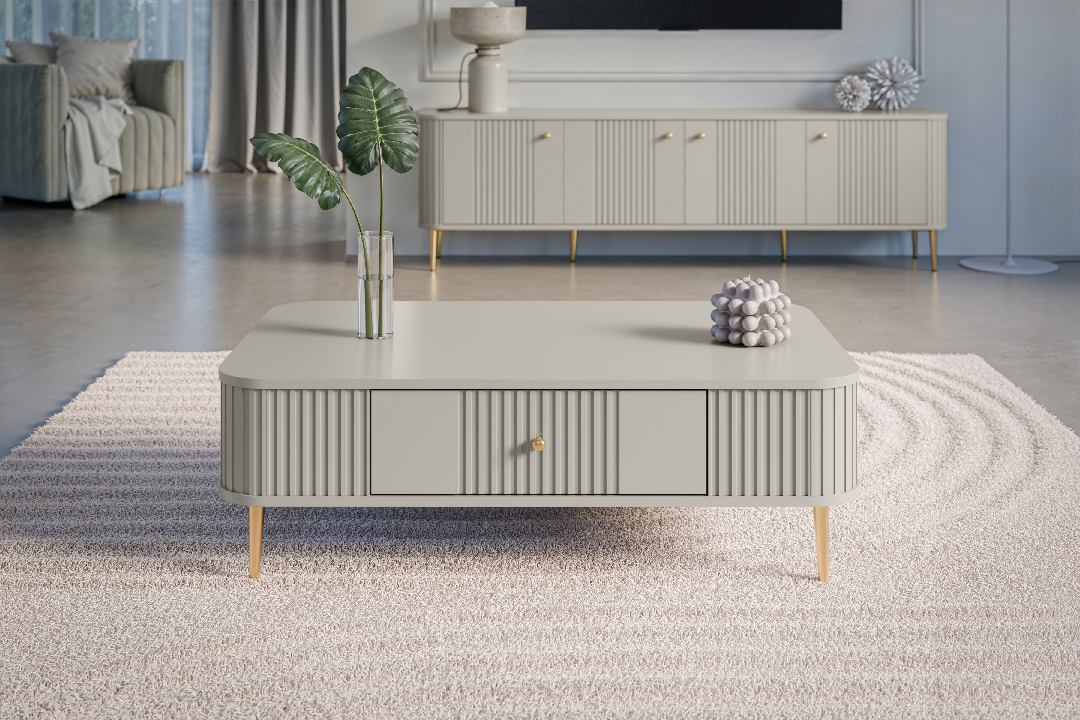 Konferenčný stolík Vespera 103x60 cm - kašmírová / zlaté nožičky Konferenčný stolík z szuflada Vespera 103x60 cm - kašmír / zlote nožičky