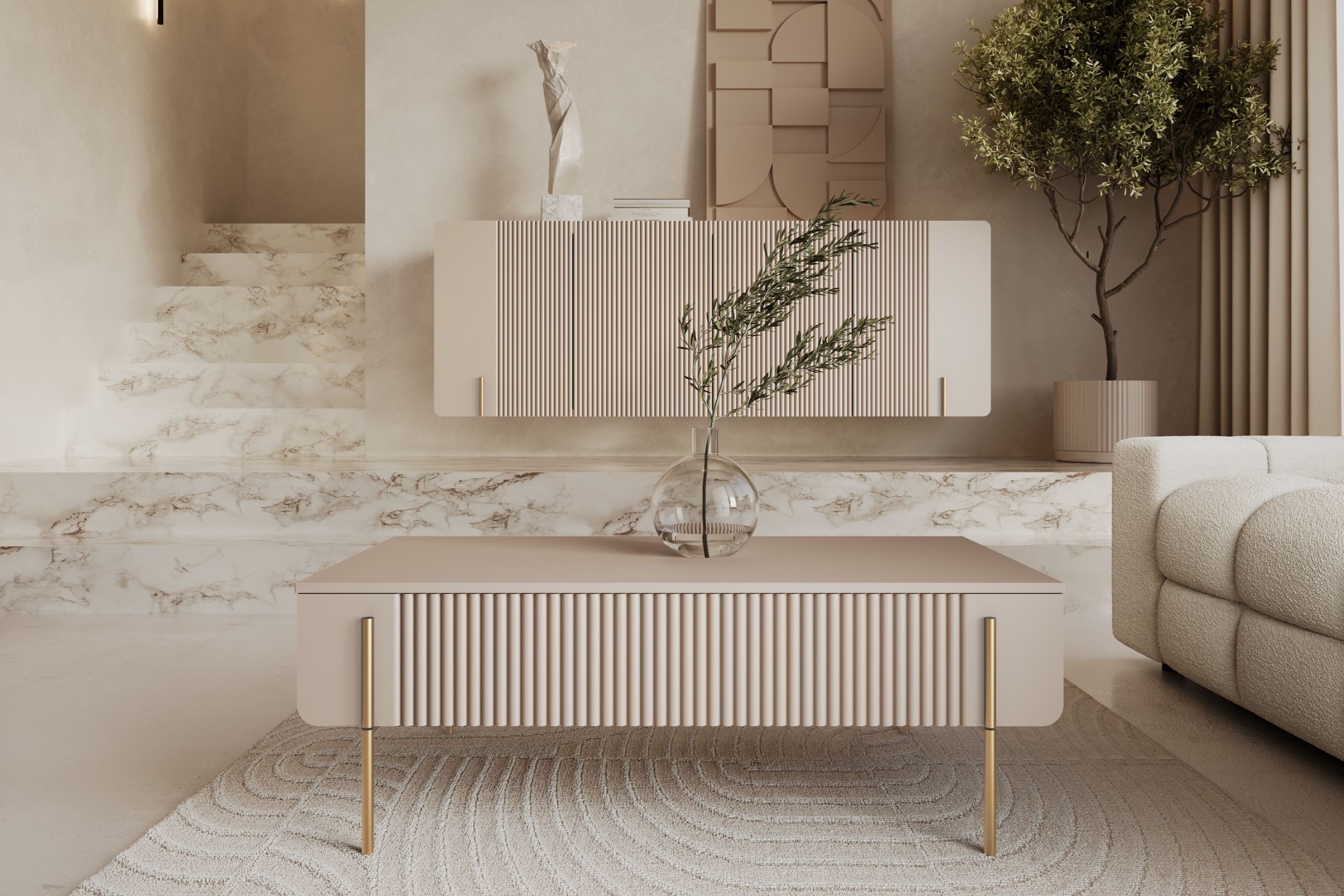 Konferenční stolek Malmi 100 cm se zásuvkami - kašmírová / zlaté nožky stolek kawowy se zásuvkami Malmi 100 cm - kašmír / zlote nozki