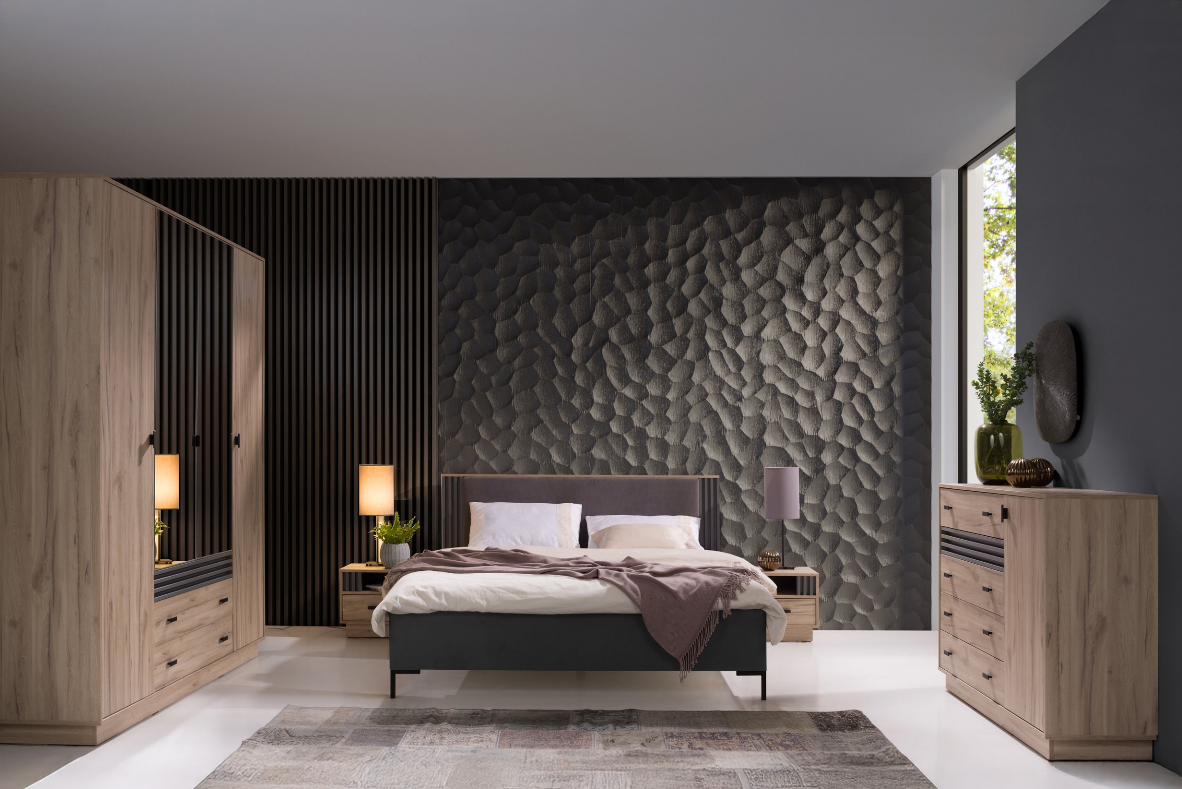 Šatní skříň Allmo AL16 200 cm se zrcadlem - dub estana / antracit skříň Allmo AL16 - 200 cm z zrcadlem - dub estana / antracitová