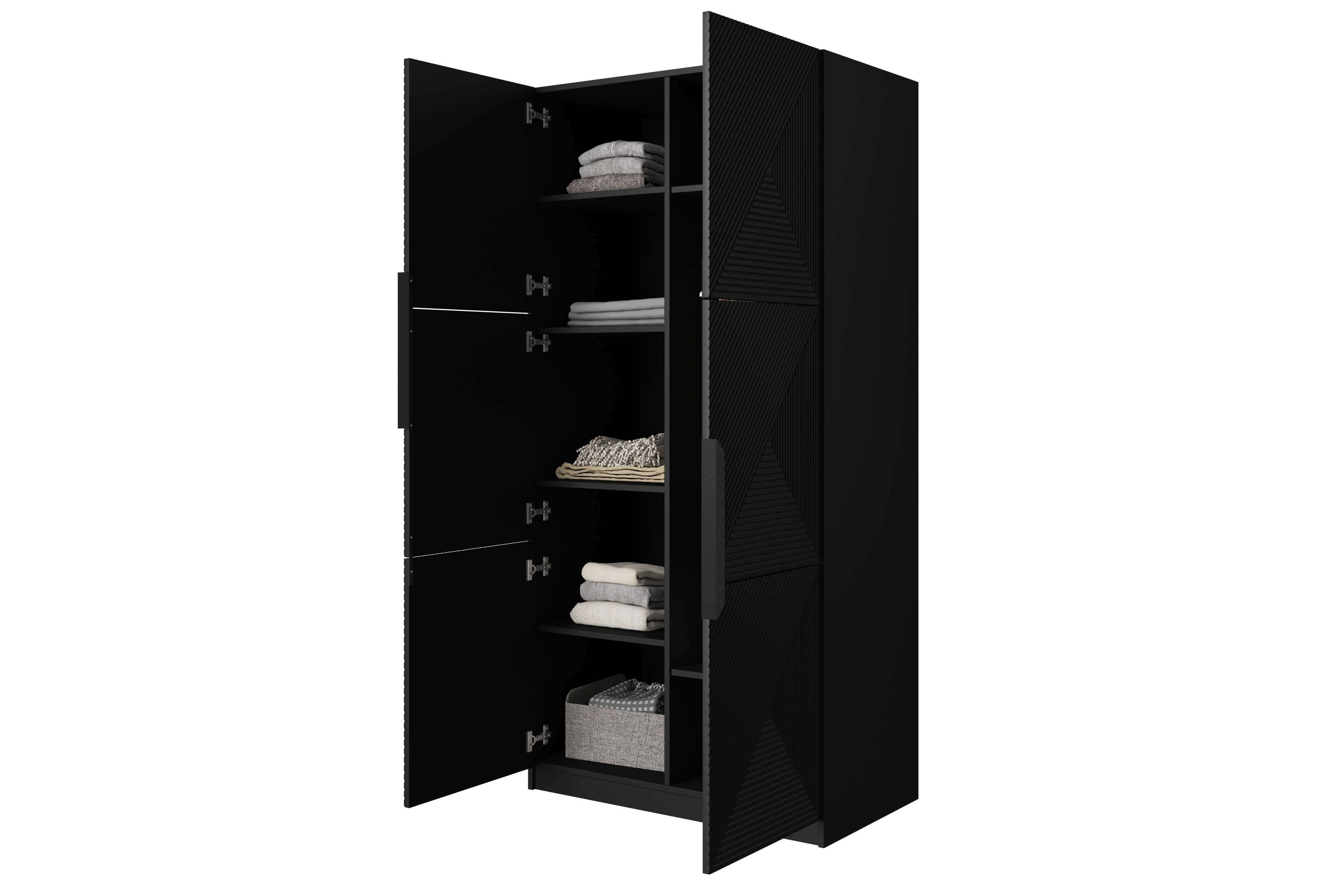 Skříň Asha 100 cm - černý mat / černé kovové úchytky skříň Asha 100 cm s frézovanou přední částí i metalowymi uchwytami - černá mat / černá Úchytky