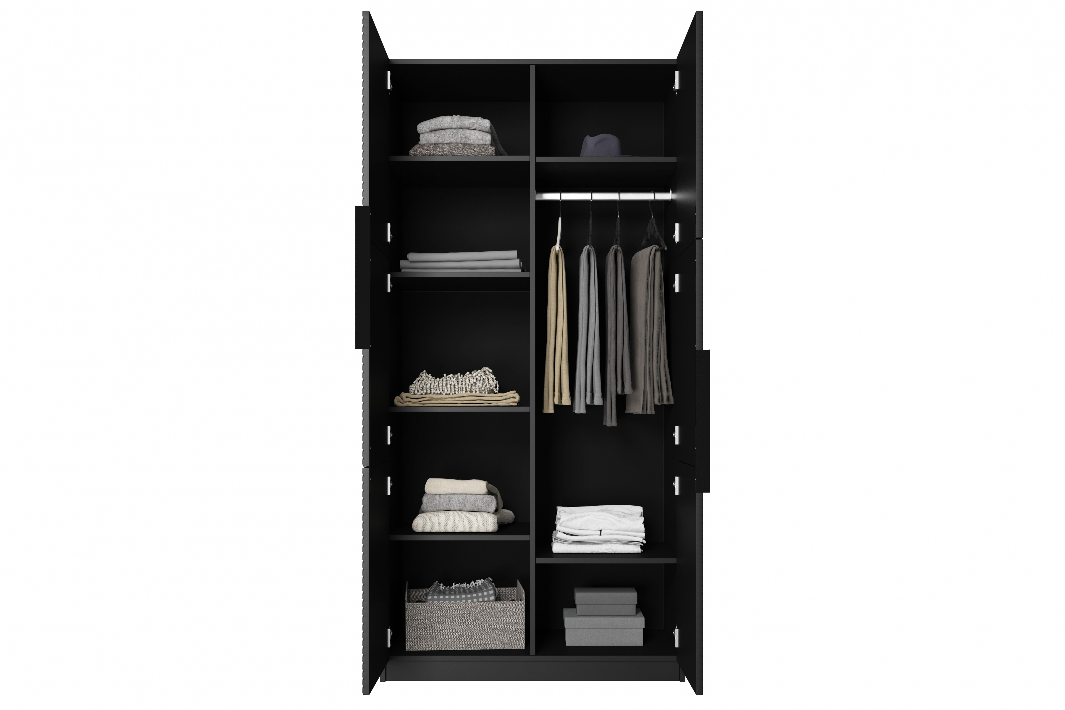 Skříň Asha 100 cm - černý mat / černé kovové úchytky skříň Asha 100 cm s frézovanou přední částí i metalowymi uchwytami - černá mat / černá Úchytky