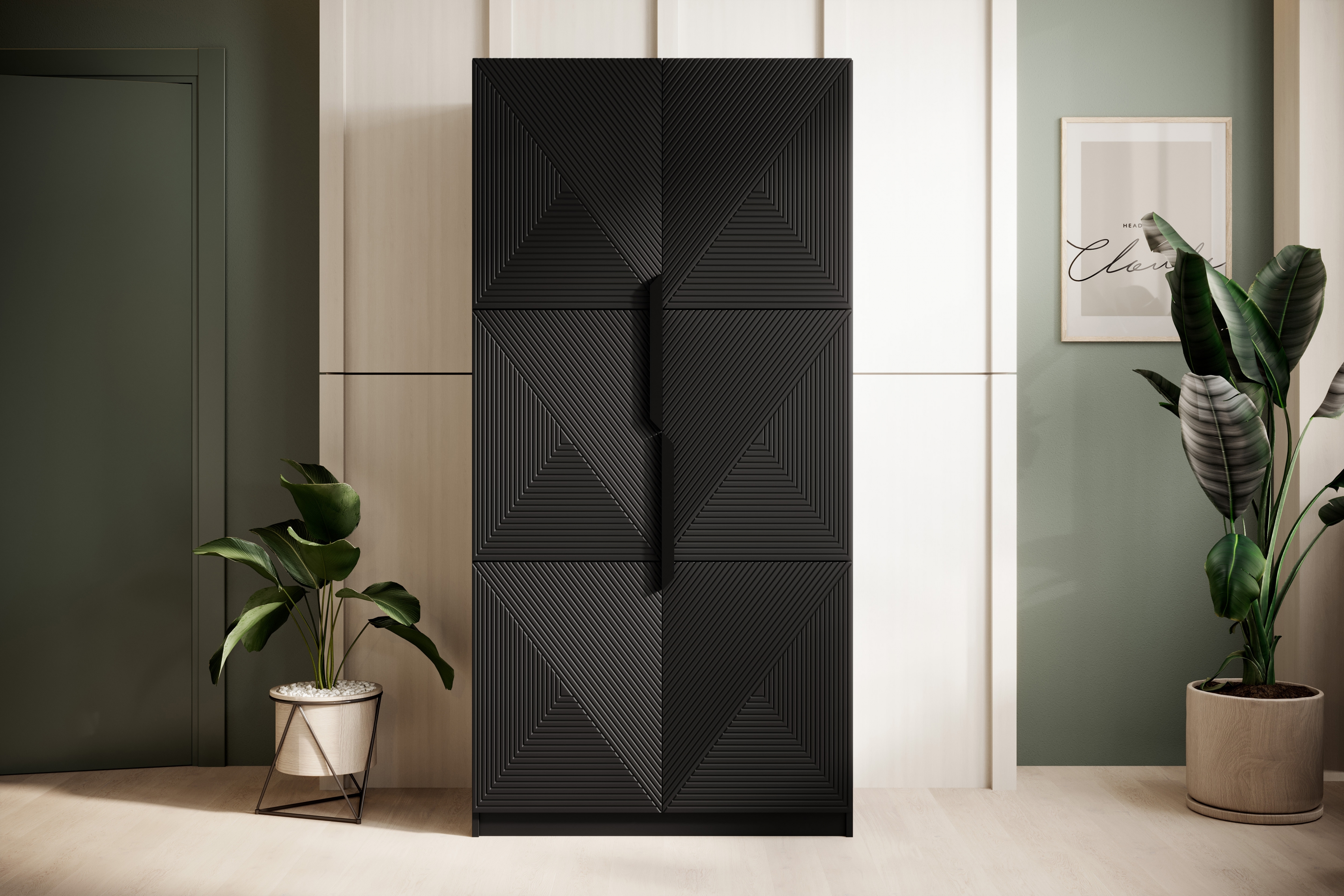 Skříň Asha 100 cm - černý mat / černé kovové úchytky skříň Asha 100 cm s frézovanou přední částí i metalowymi uchwytami - černá mat / černá Úchytky