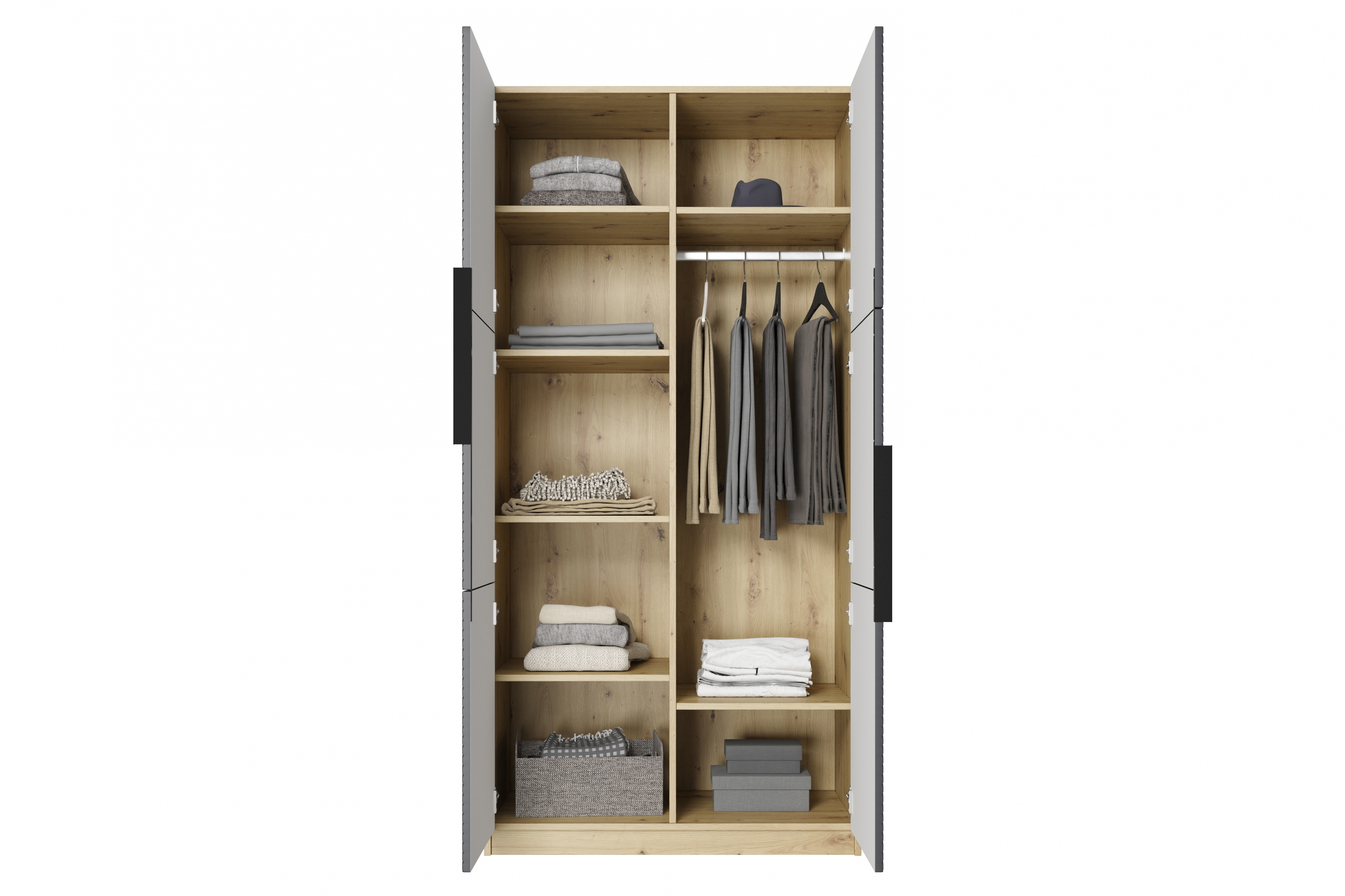 Skříň Asha 100 cm - dub artisan / rivier stone mat / černé kovové úchytky skříň Asha 100 cm s frézovanou přední částí i metalowymi uchwytami- artisan / rivier stone mat / černá Úchytky