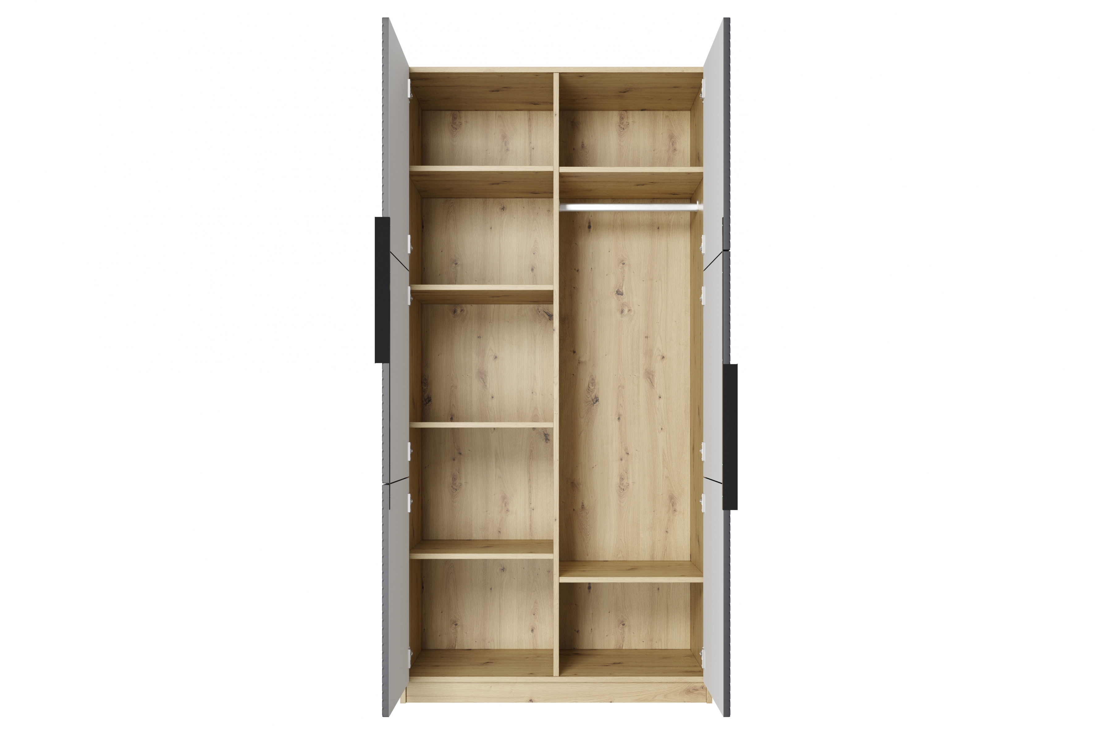 Skříň Asha 100 cm - dub artisan / rivier stone mat / černé kovové úchytky skříň Asha 100 cm s frézovanou přední částí i metalowymi uchwytami- artisan / rivier stone mat / černá Úchytky