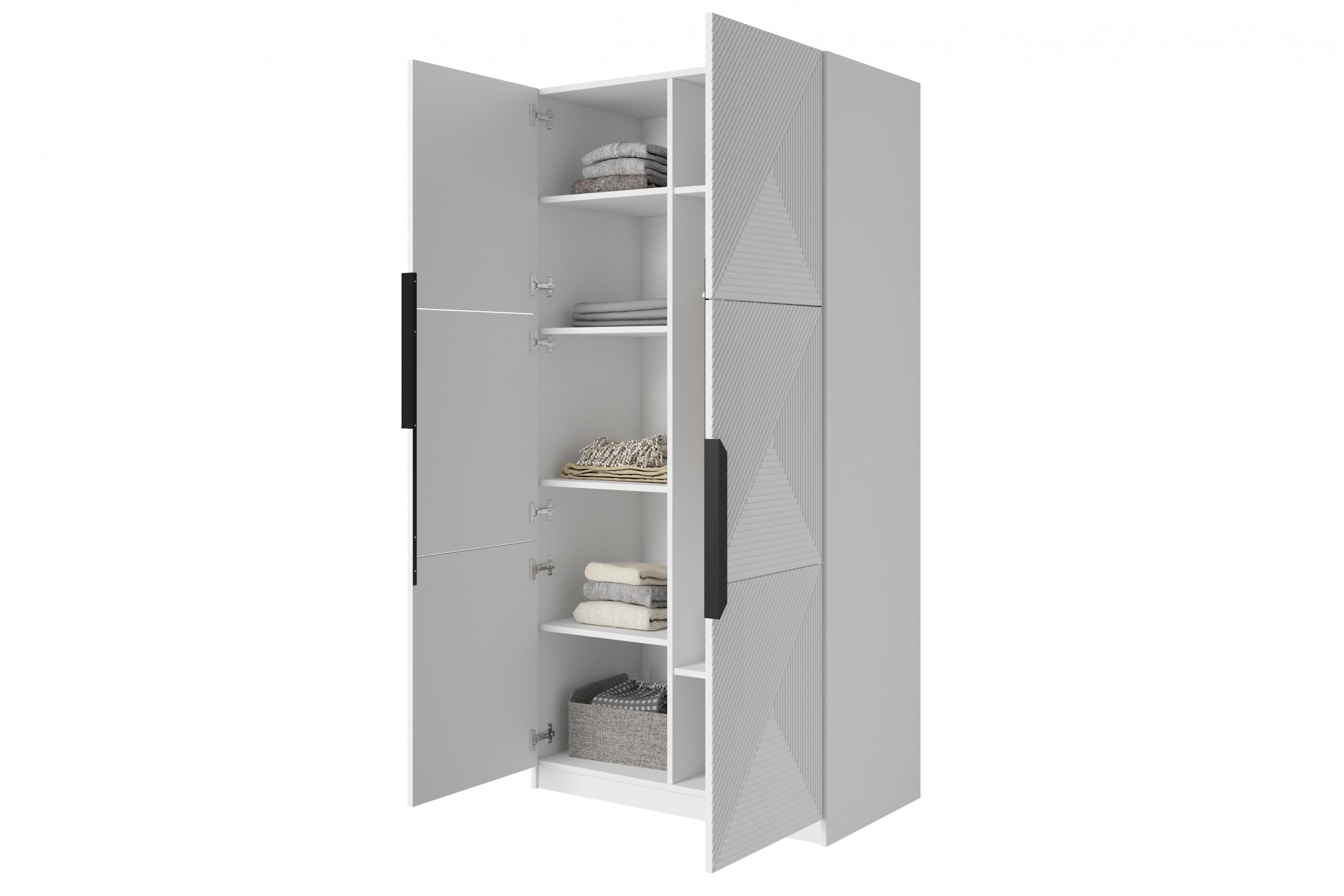 Skříň Asha 100 cm - bílý mat / černé kovové úchytky skříň Asha 100 cm s frézovanou přední částí i metalowymi uchwytami- bílý mat / černá Úchytky