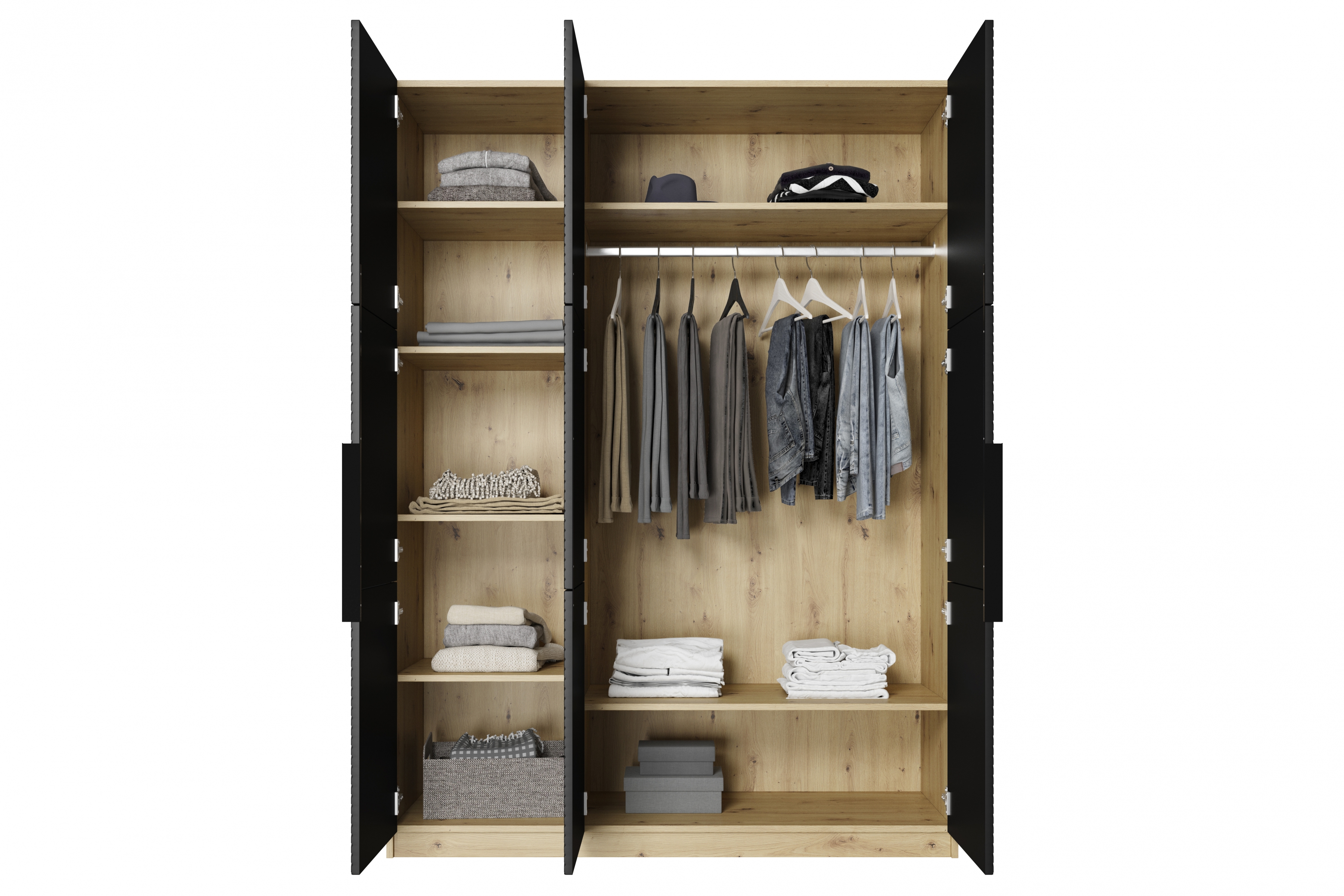 Skříň Asha 150 cm - dub artisan / černý mat / černé kovové úchytky skříň Asha 150 cm z metalowymi uchwytami - artisan / černá mat / černá Úchytky