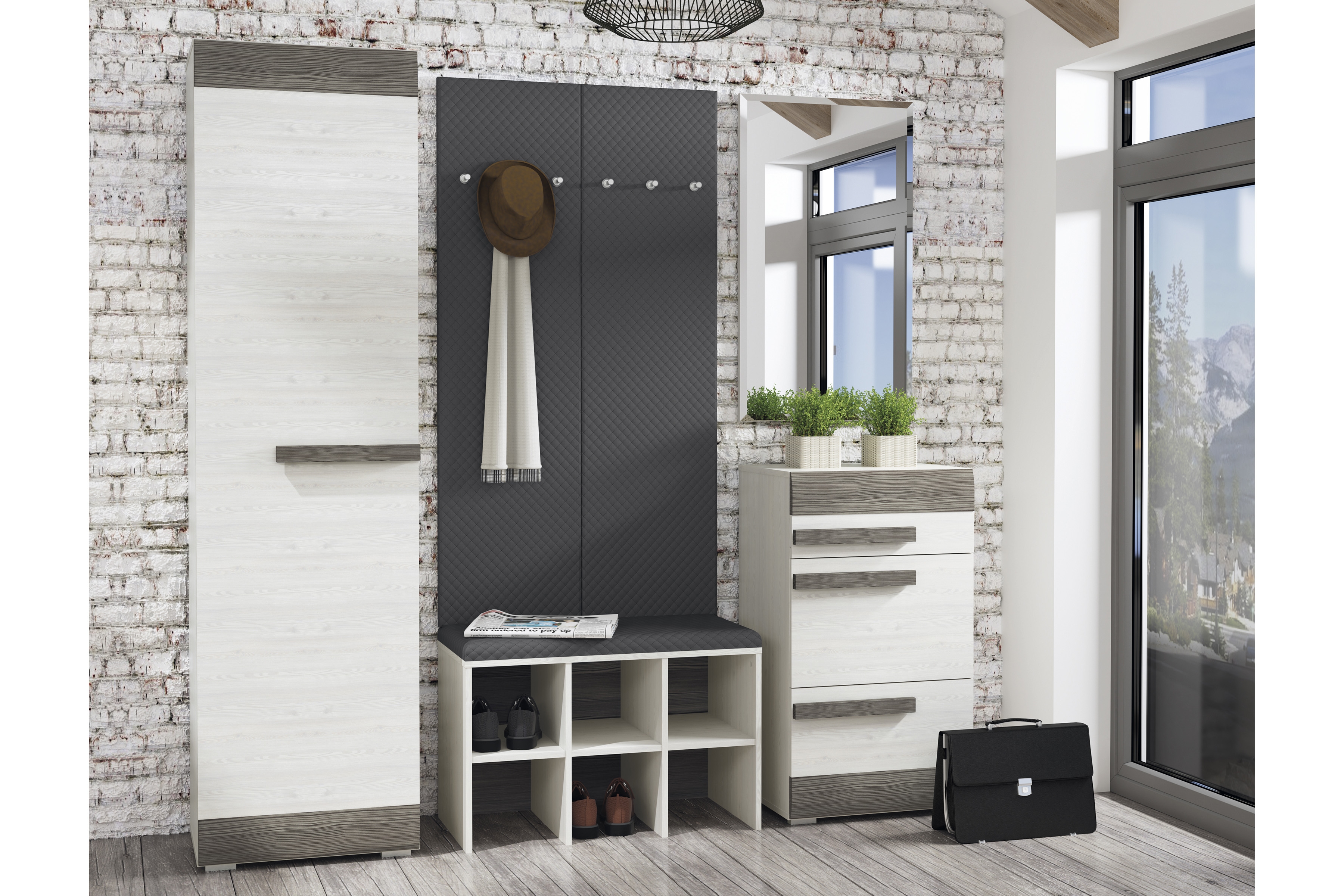 skříň Tonemo 19 jednodveřová 55 cm - borovice sNezna / new grey skříň Blanco 19 jednodveřová 55 cm - Borovice sNezna / new grey