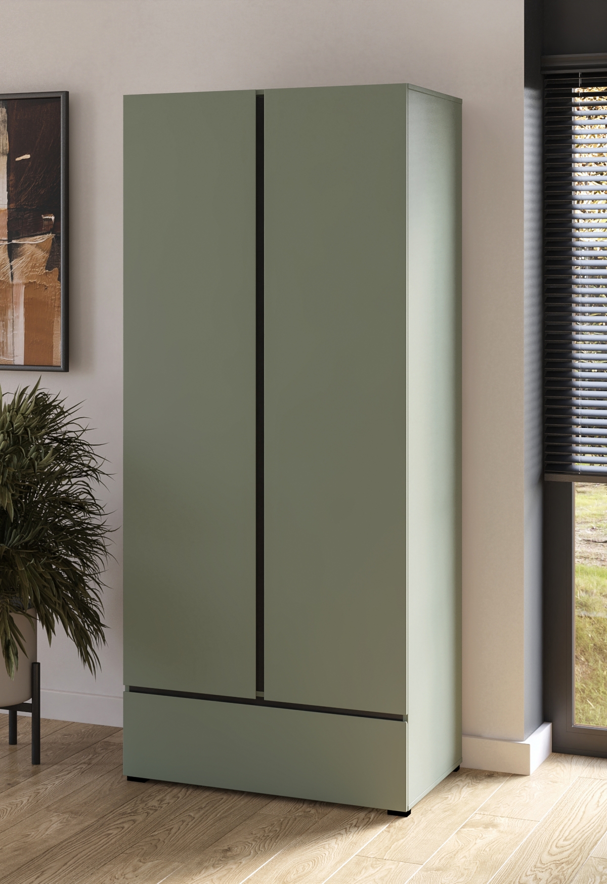 Šatníková skriňa Cross 89 cm so zásuvkou - tlmená zelená / čierna Skriňa Cross 89 cm z szuflada - zgaszona zelená / zgaszona zelená - Čierny