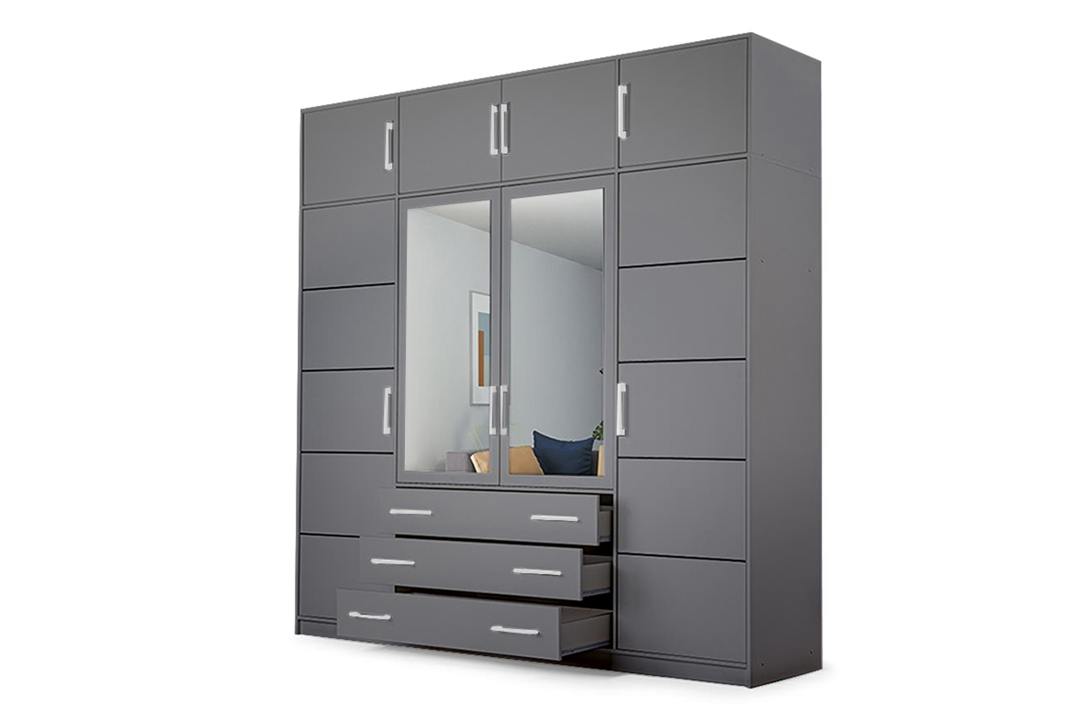 Kombinovaná skriňa Bali 240 cm s nadstavcom - grafitová Skriňa štvordverová z zrkadlom i nadstawka Bali D4 240 cm - grafitowa