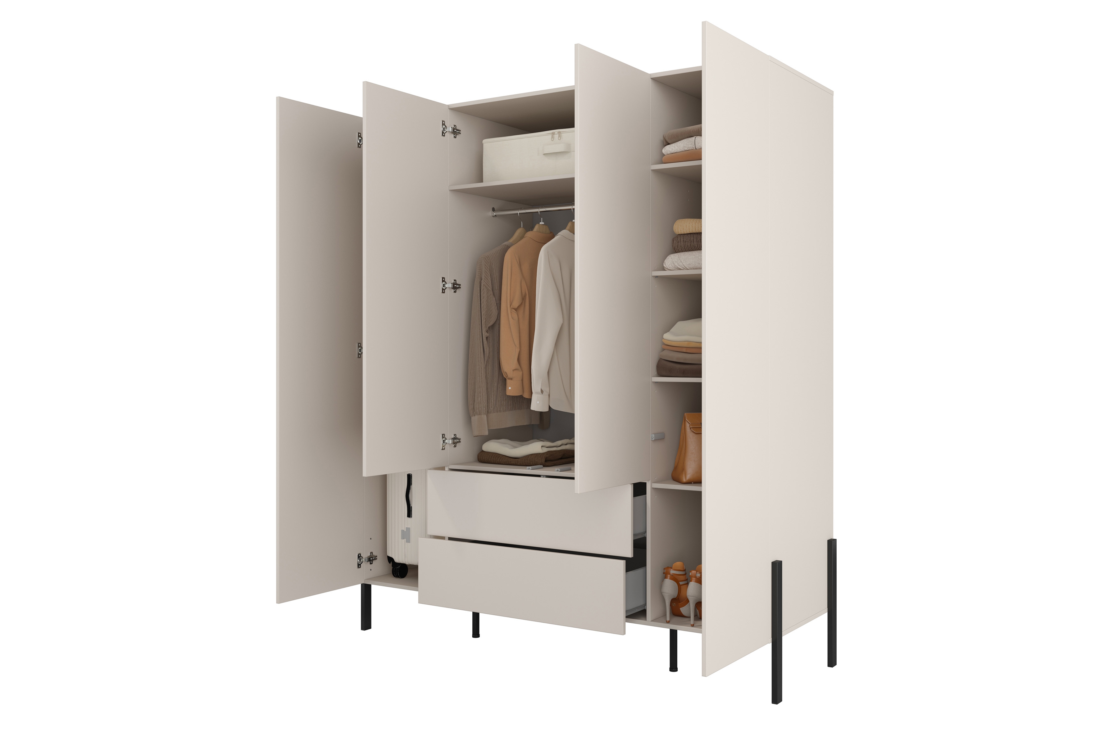 Šatní skříň se zásuvkami Jukon 180 cm - kašmírová / černé nožky skříň čtyřdveřová Jukon 180 cm se zásuvkami - kašmír / černé nožičky