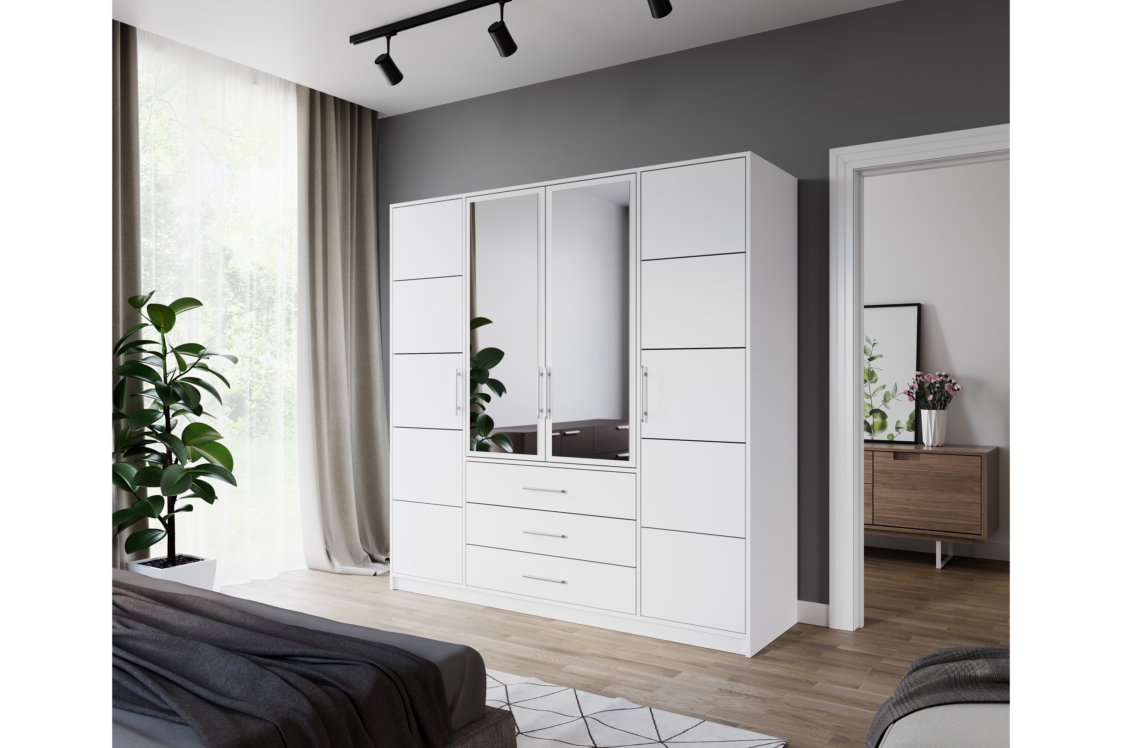 Šatníková skriňa Bali 196 cm - biela Skriňa štvordverová Lutori 196 cm z zrkadlom - Biela