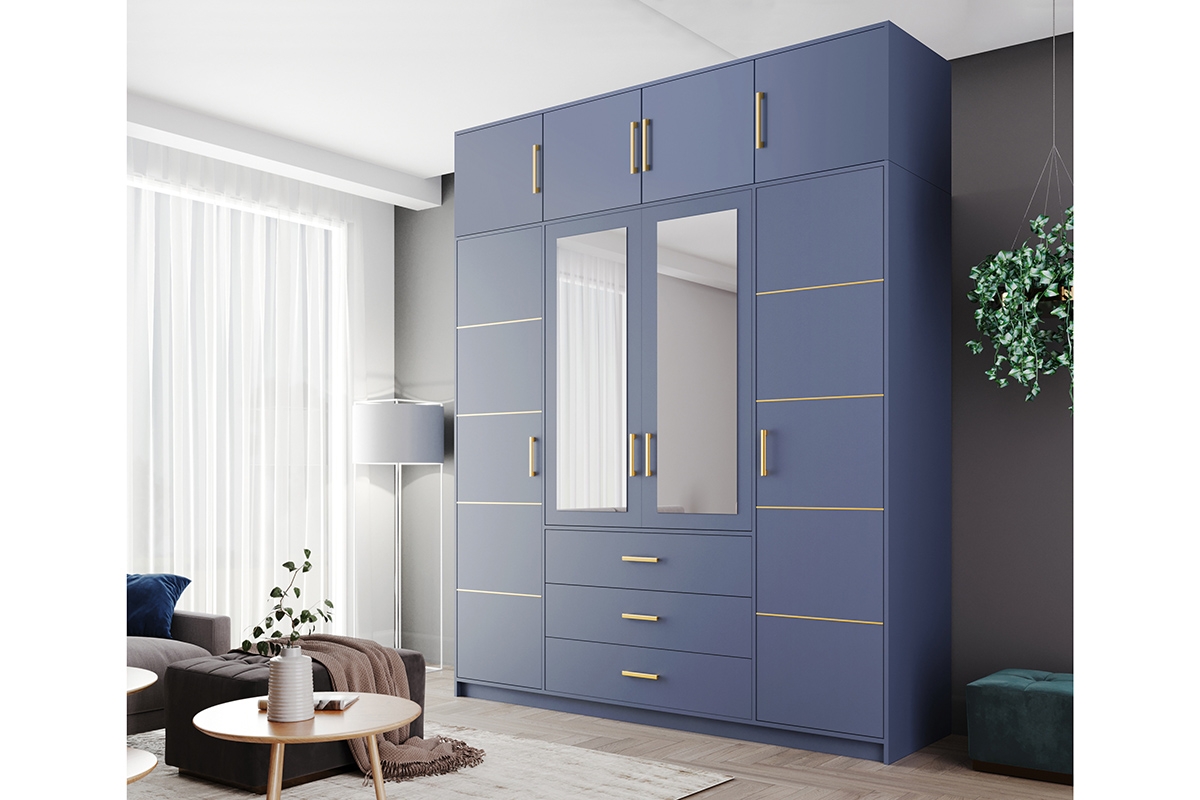 Skříň Bali 196 cm s nástavcem - tlumená modrá skříň čtyřdveřová Lutori 196 cm z zrcadlem i nadstawka - zgaszony blankyt
