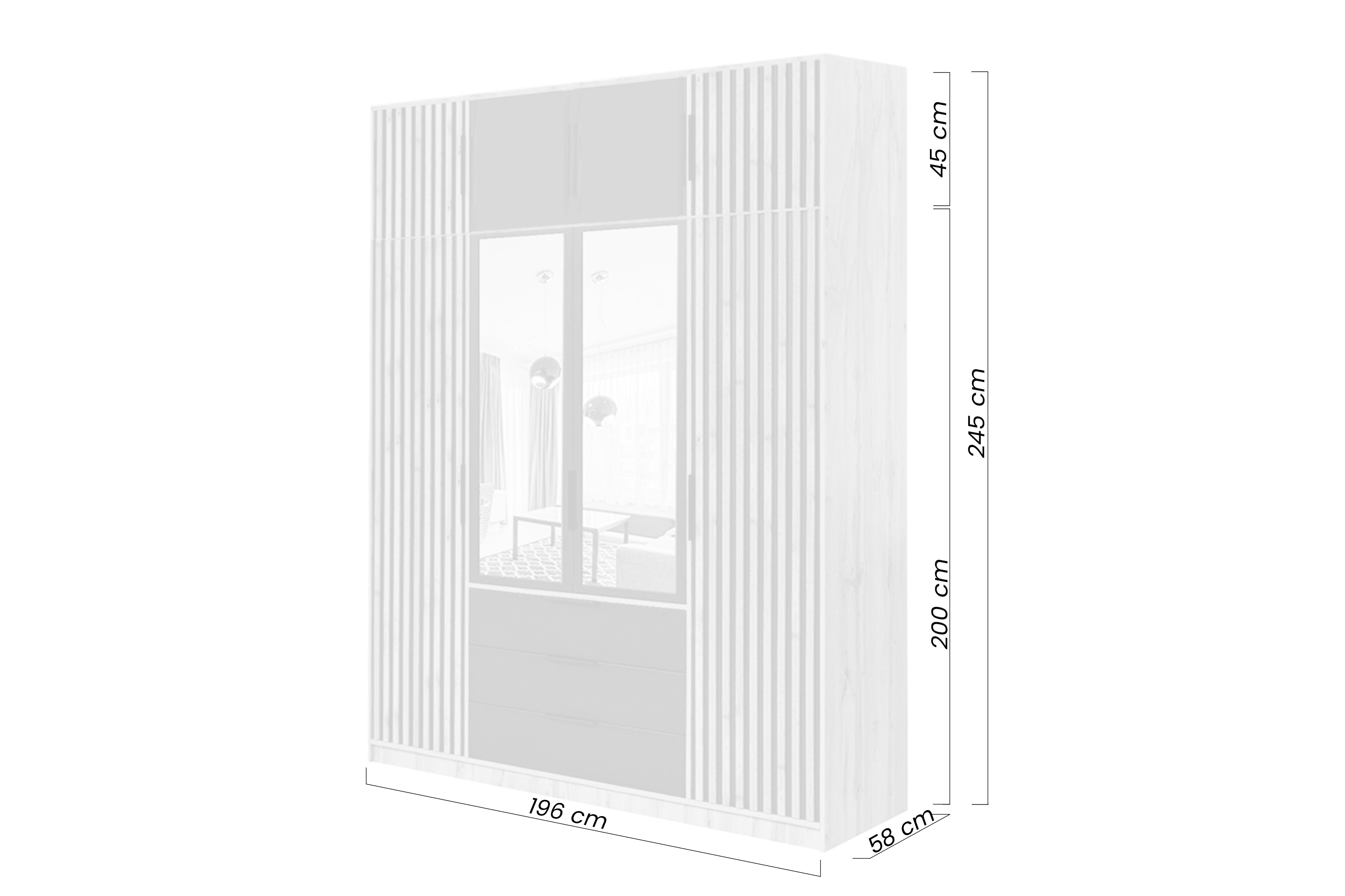 Skříň Bali 196 cm s nástavcem, zrcadlem a lamelami - dub wotan / bílá skříň čtyřdveřová Lutori 196 cm z nadstawka z lamelami i zrcadlem  - dub wotan / bílá