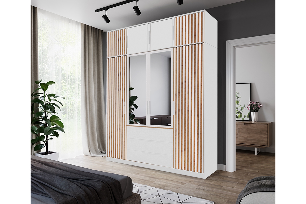 Skříň Bali 196 cm s nástavcem, zrcadlem a lamelami - dub wotan / bílá skříň čtyřdveřová Lutori 196 cm z nadstawka z lamelami i zrcadlem  - dub wotan / bílá