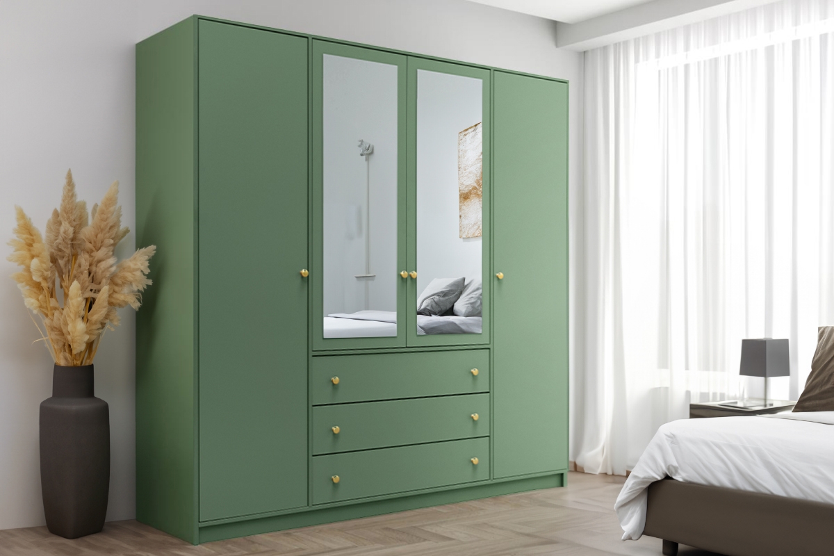 Skriňa Siena II D4 s 3 zásuvkami i zrkadlom 196 cm - fľaškovo zelená Skriňa štvordverová Siena II D4 s 3 zásuvkami i zrkadlom 196 cm - fľaškovo zelená