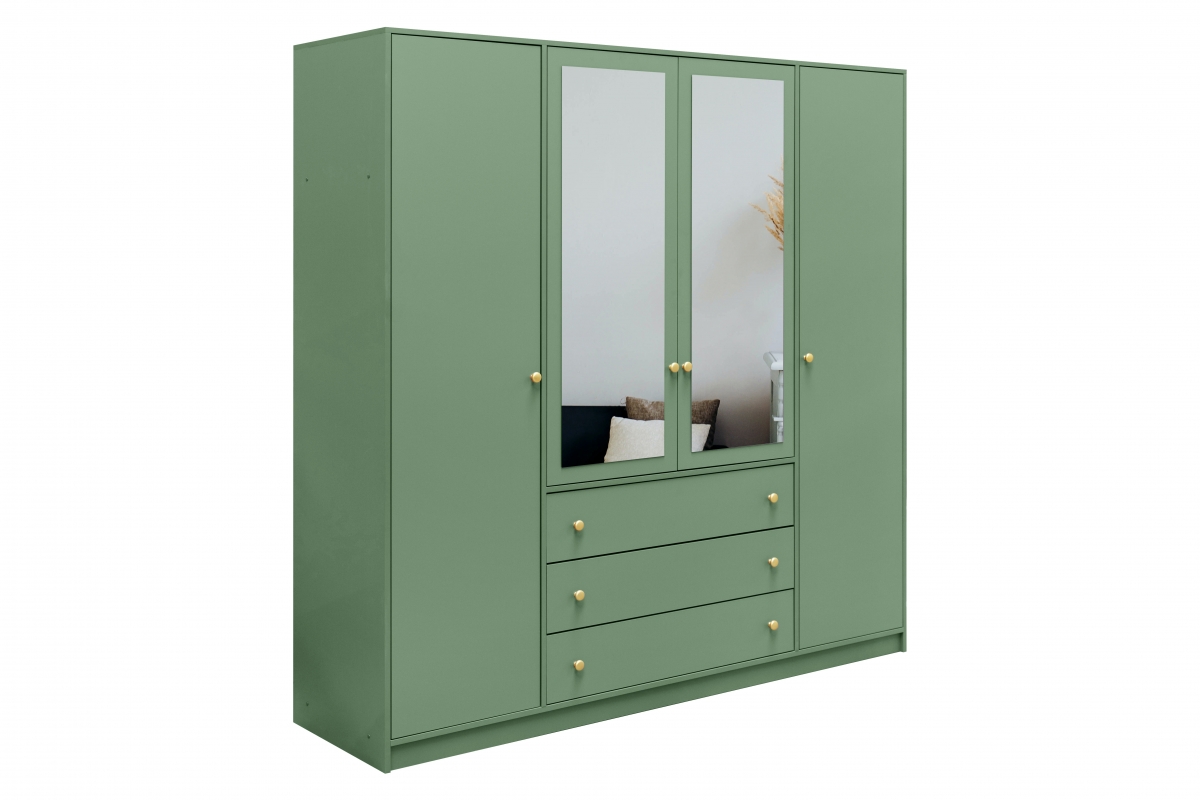 Skriňa Siena II D4 s 3 zásuvkami i zrkadlom 196 cm - fľaškovo zelená Skriňa štvordverová Siena II D4 s 3 zásuvkami i zrkadlom 196 cm - fľaškovo zelená