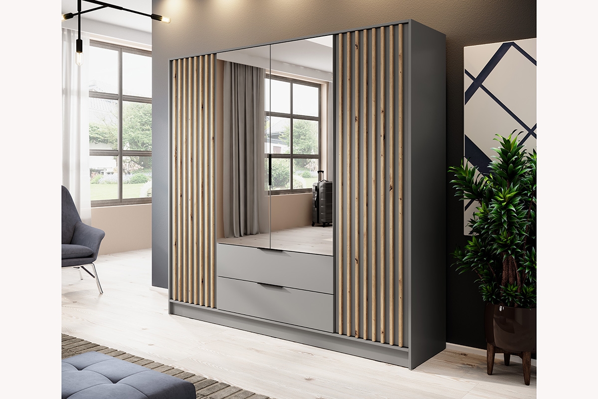 Skříň Neria s lamelami a zrcadlem 206 cm - šedá / dub artisan šedá Skříň z lamelami