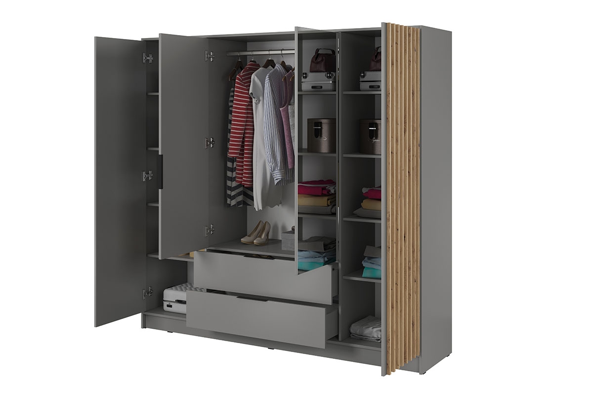 Skříň Neria s lamelami a zrcadlem 206 cm - šedá / dub artisan šedá Skříň prostorná