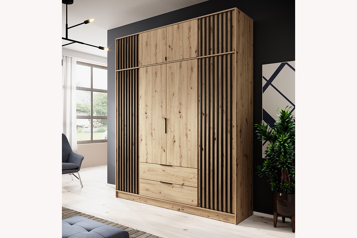 Skriňa s lamelami Neria - dub artisan / čierny Skriňa s nadstavcom