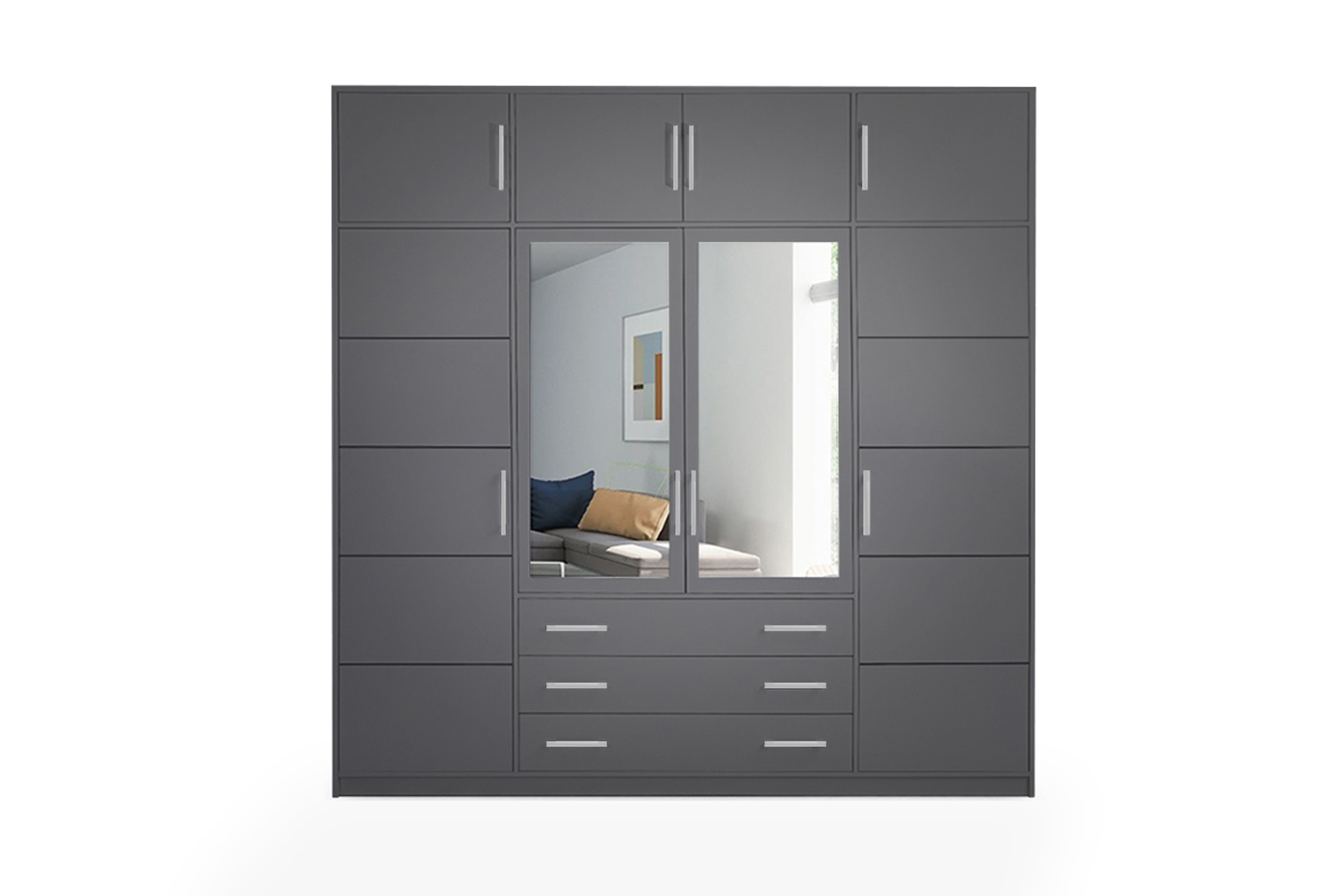 Kombinovaná skriňa Bali 240 cm s nadstavcom - grafitová Skriňa štvordverová z zrkadlom i nadstawka Bali D4 240 cm - grafitowa