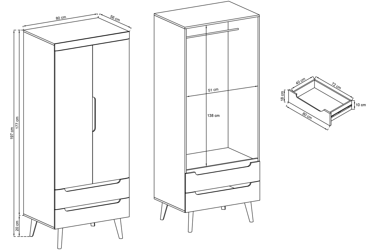 Skriňa na oblečenie Dorin - biely lesk / Dub riviera Dvojdverová skriňa s dvomi zásuvkami Dorin - biely lesk / dub riviera - rozmery