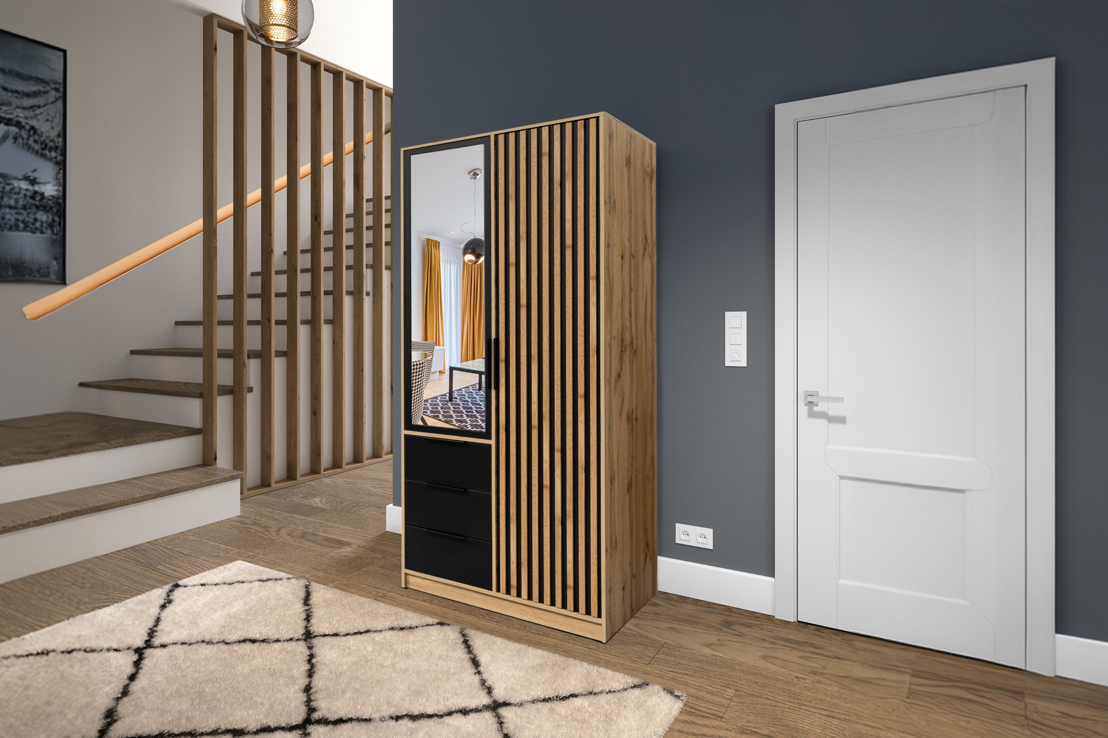 Skříň Bali 100 cm s lamelami - dub wotan / černá skříň dvoudveřová Lutor 100 cm z lamelami i zrcadlem - dub wotan / černá