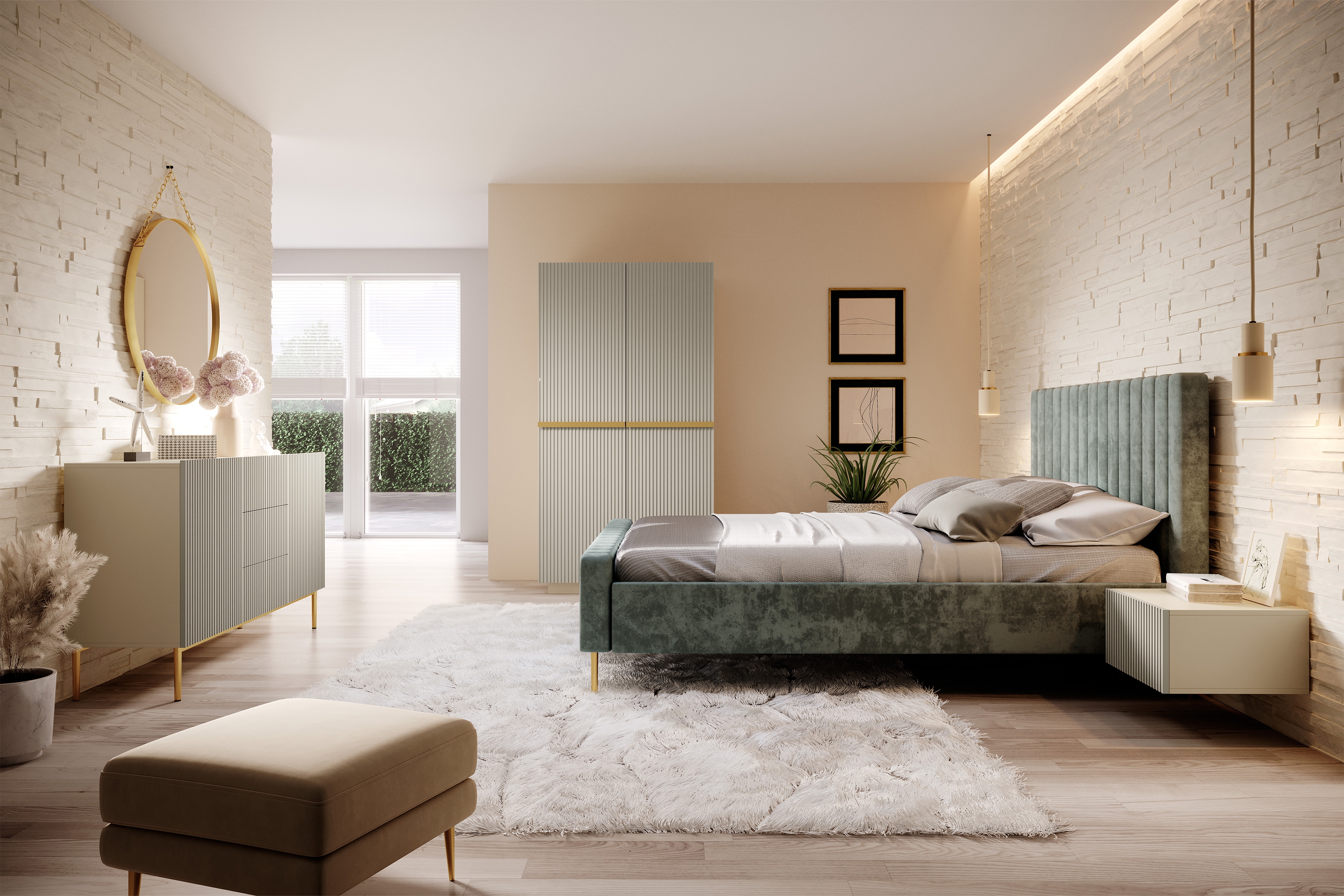 Skriňa Nicole 100 cm s policami - kašmír / zlaté úchytky Skriňa dvojdverová Nicole s frézovaným frontom i metalowymi uchwytami 100 cm - kašmír / zlote úchyty