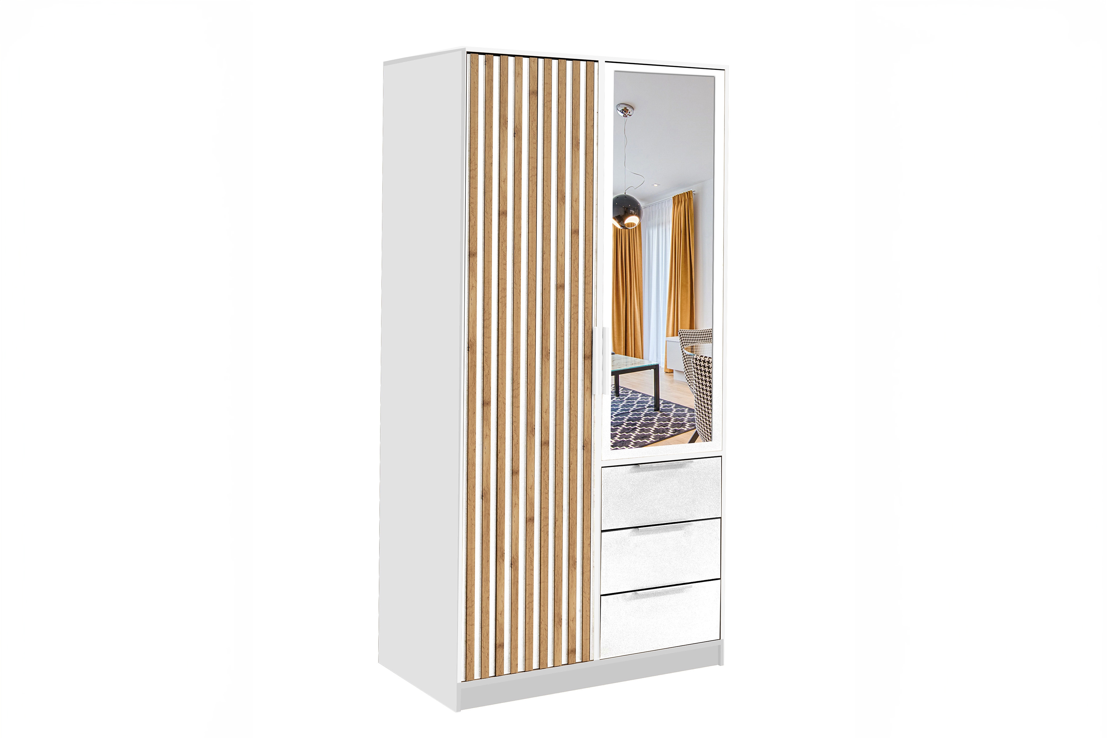 Šatníková skriňa Bali 100 cm s lamelami a zrkadlom - biela Skriňa dvojdverová z lamelami i zrkadlom Bali Lux D2 100 cm - Biela