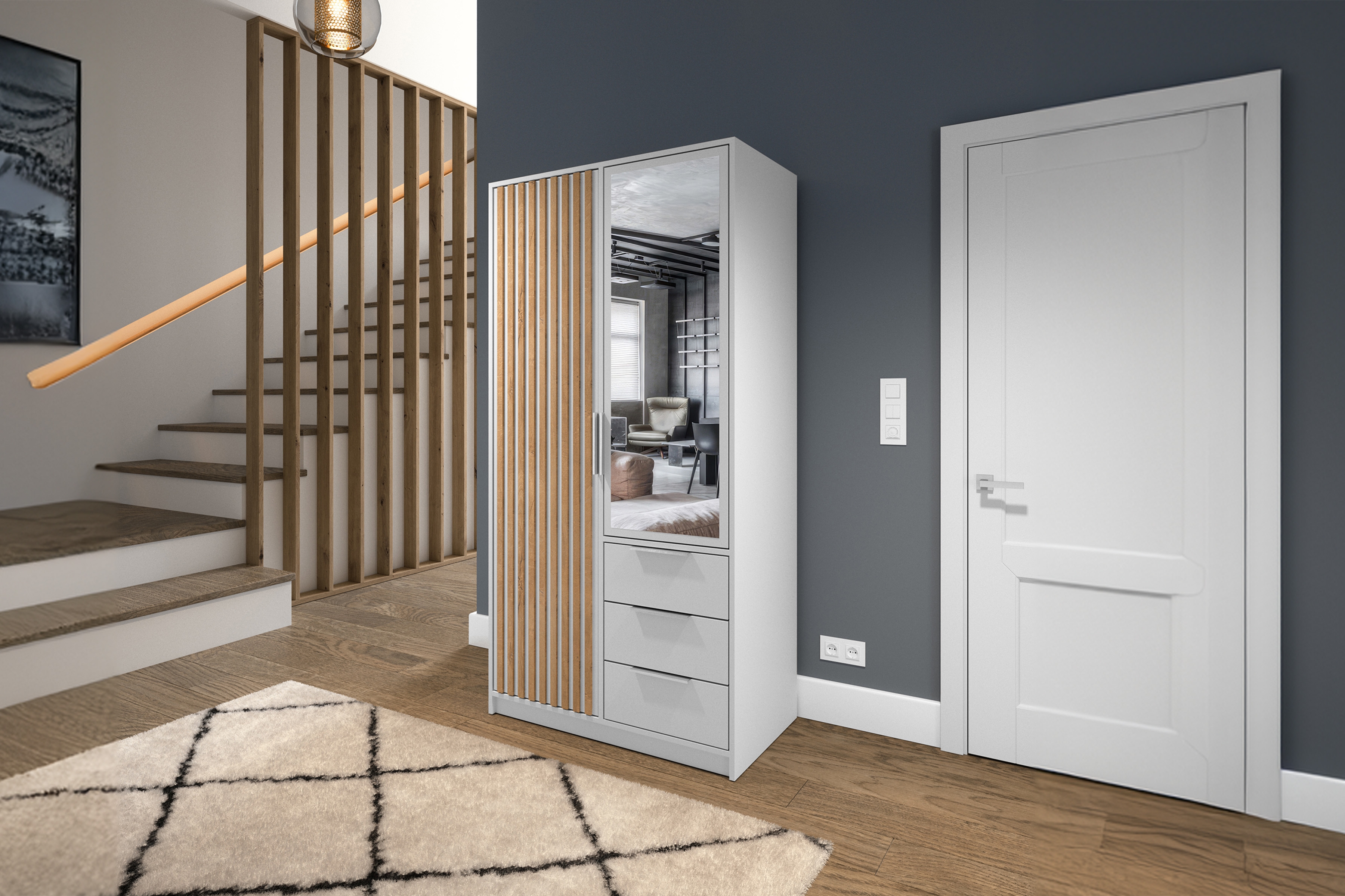 Šatníková skriňa Bali 100 cm s lamelami a zrkadlom - biela Skriňa dvojdverová z lamelami i zrkadlom Bali Lux D2 100 cm - Biela