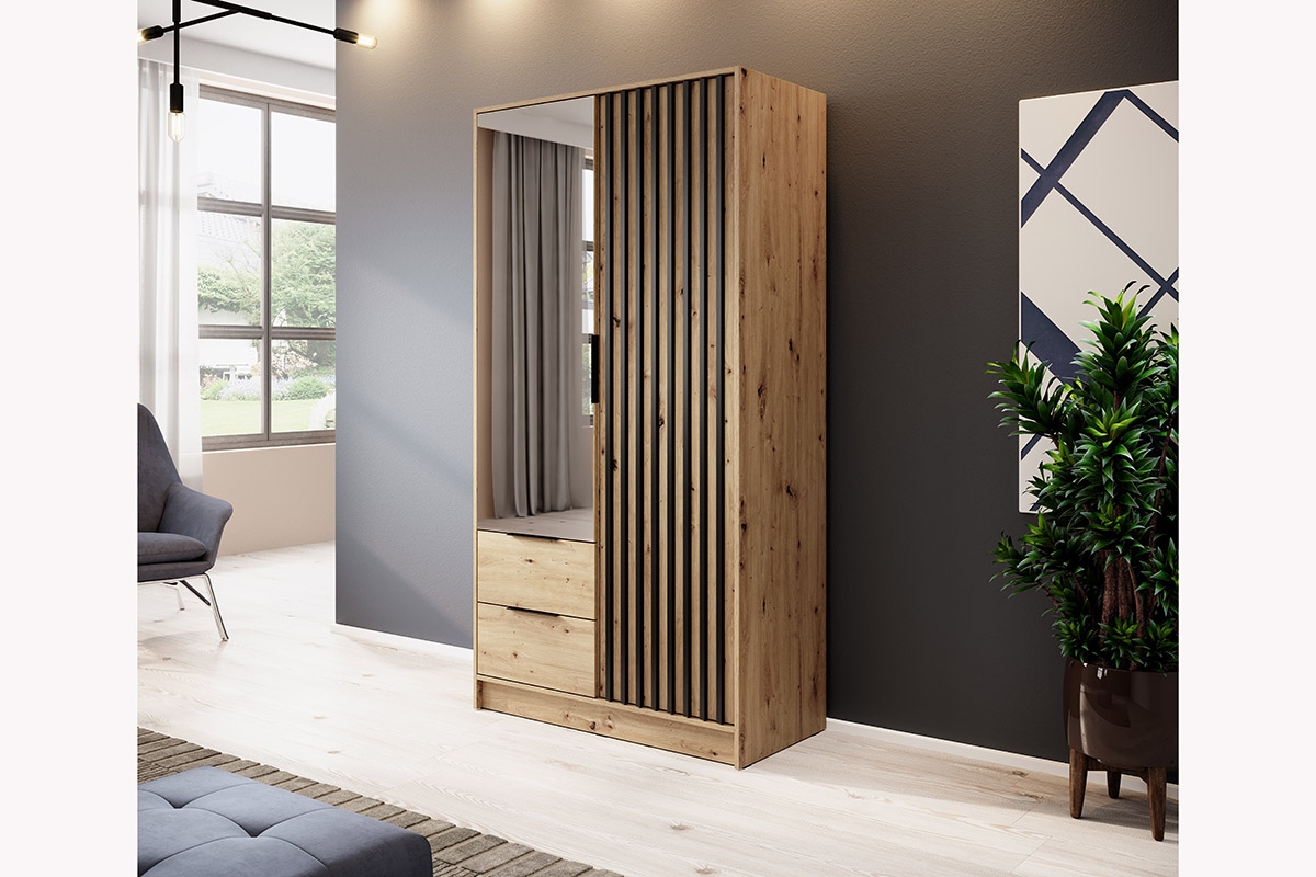 Skříň Neria 105 cm se zrcadlem - dub artisan / černá Skříň dvoudveřová s lamelami a zrcadlem