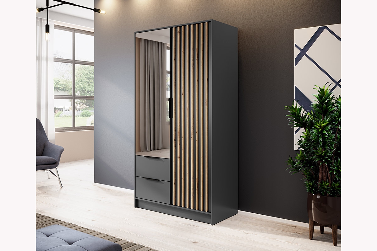 Skříň Neria 105 cm se zrcadlem - grafitová / dub artisan Grafitová Skříň s lamelami