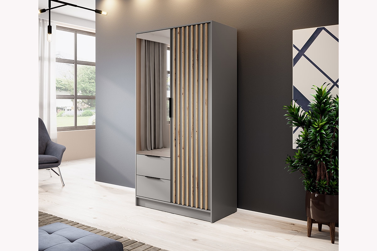 Skříň Neria 105 cm se zrcadlem - šedá / dub artisan šedá Skříň s lamelami