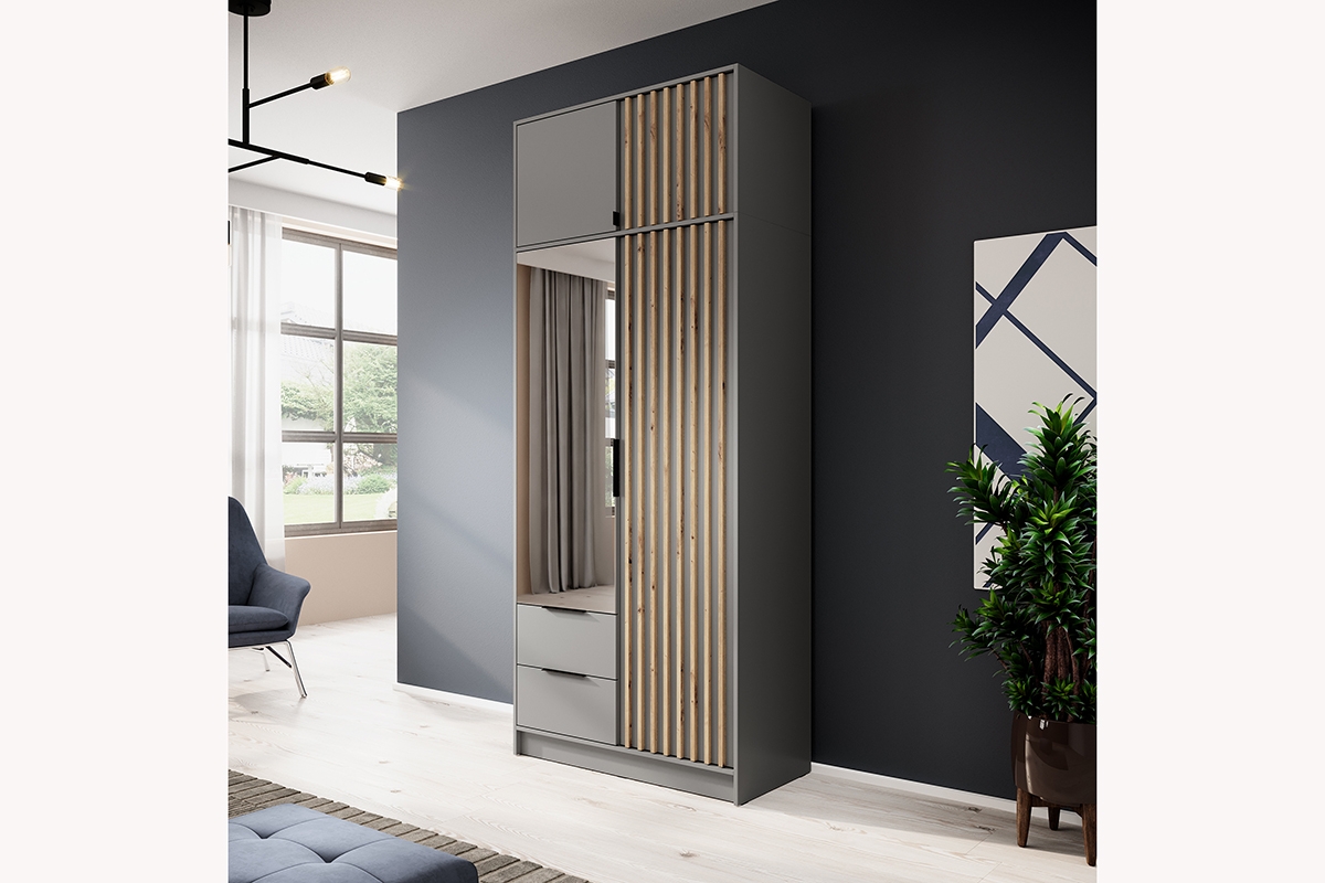 Skříň Neria 105 cm se zrcadlem - šedá / dub artisan šedá Skříň s nástavcem