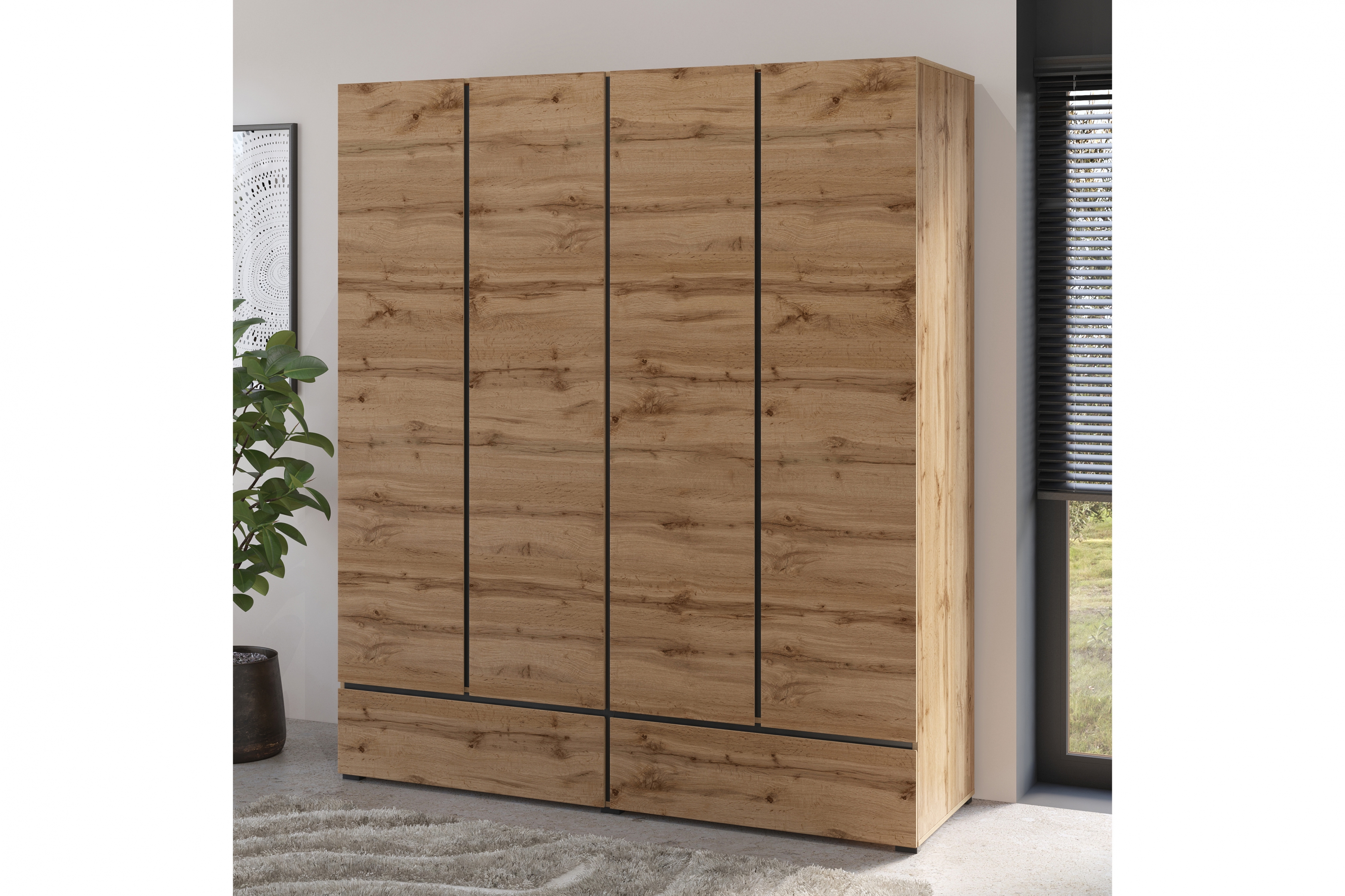 Šatní skříň Cross 180 cm se zásuvkami - dub wotan / černá skříň Gramon 180 cm se zásuvkami - dub wotan / černá