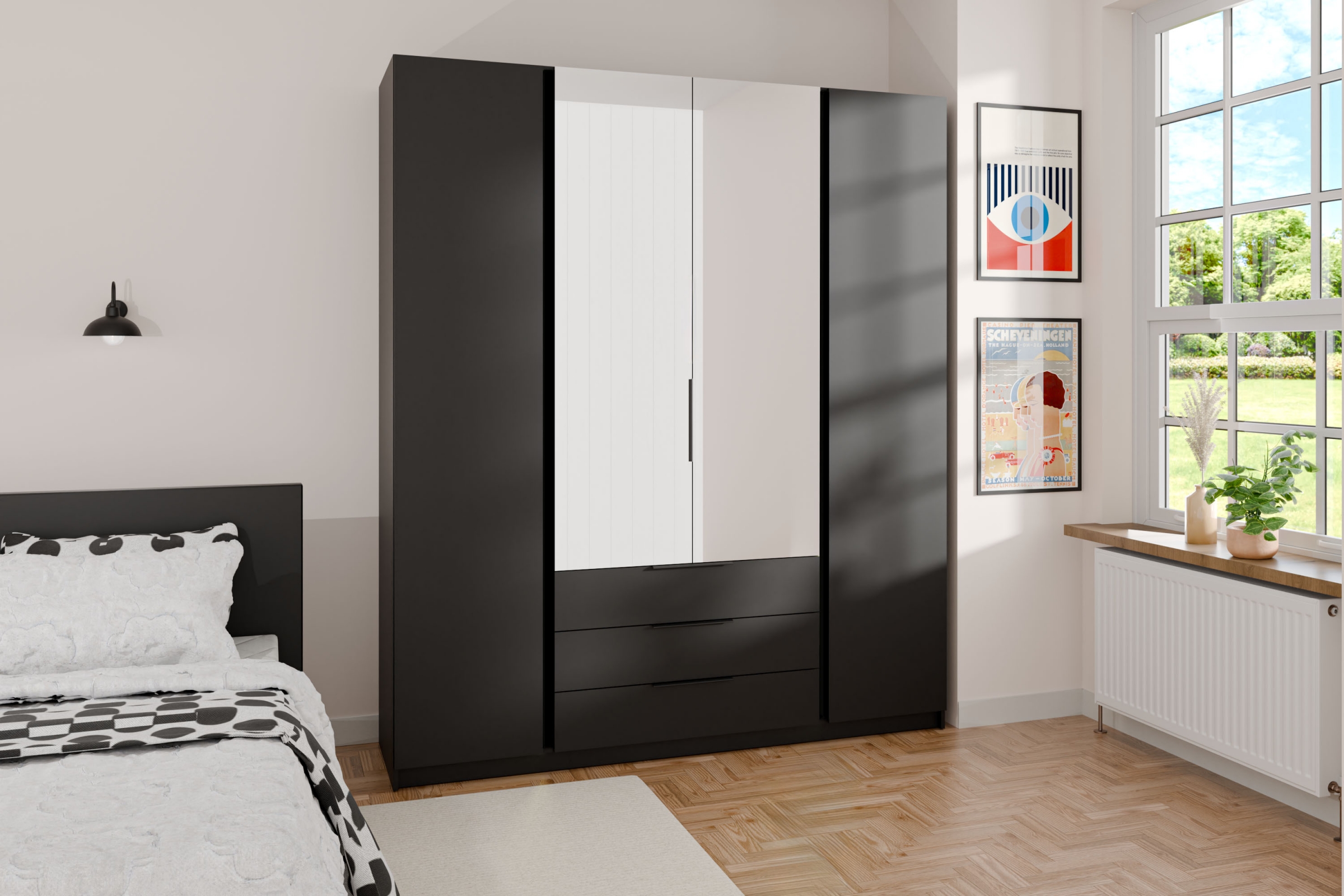 Skříň Sansi 2F2L3S se zásuvkami a zrcadlem 200 cm - černá skříň Kaja 2F2L3S s zásuvkami i zrcadlem 200 cm - černá