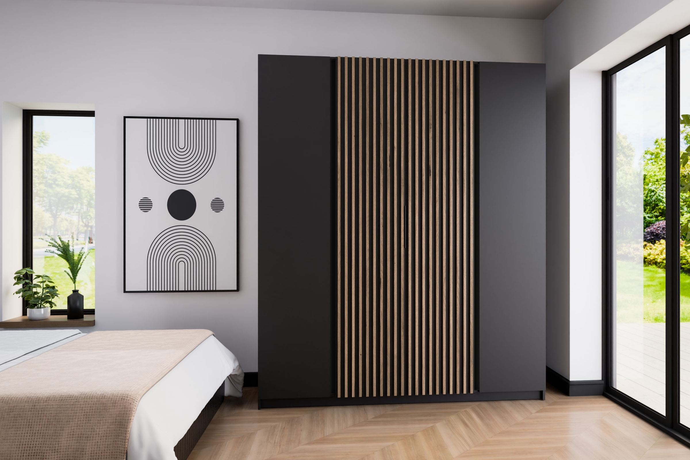 Skříň Sansi 2F2LAM s lamelami 200 cm - černá / dubové lamely evoke skříň Kaja 2F2LAM - 200 cm - černá / lamele dub evoke