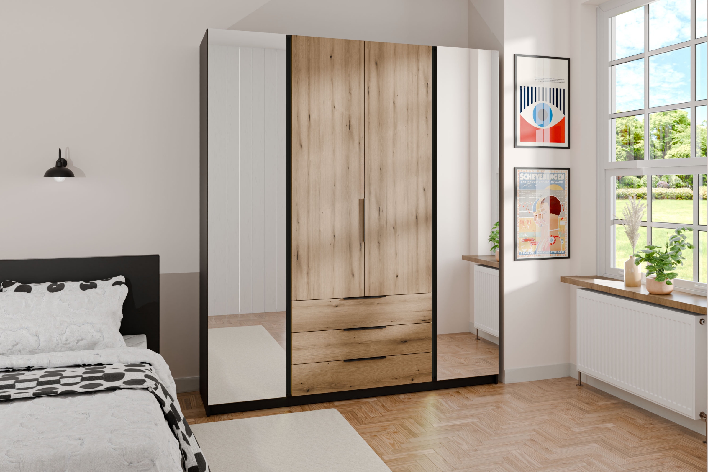 Šatníková skriňa Sansi 2L2F3S so zrkadlami a zásuvkami 200 cm - čierna / dubový dekor Skriňa Kaja 2L2F3S so zásuvkami i zrkadlom 200 cm - Čierny / Dub evoke