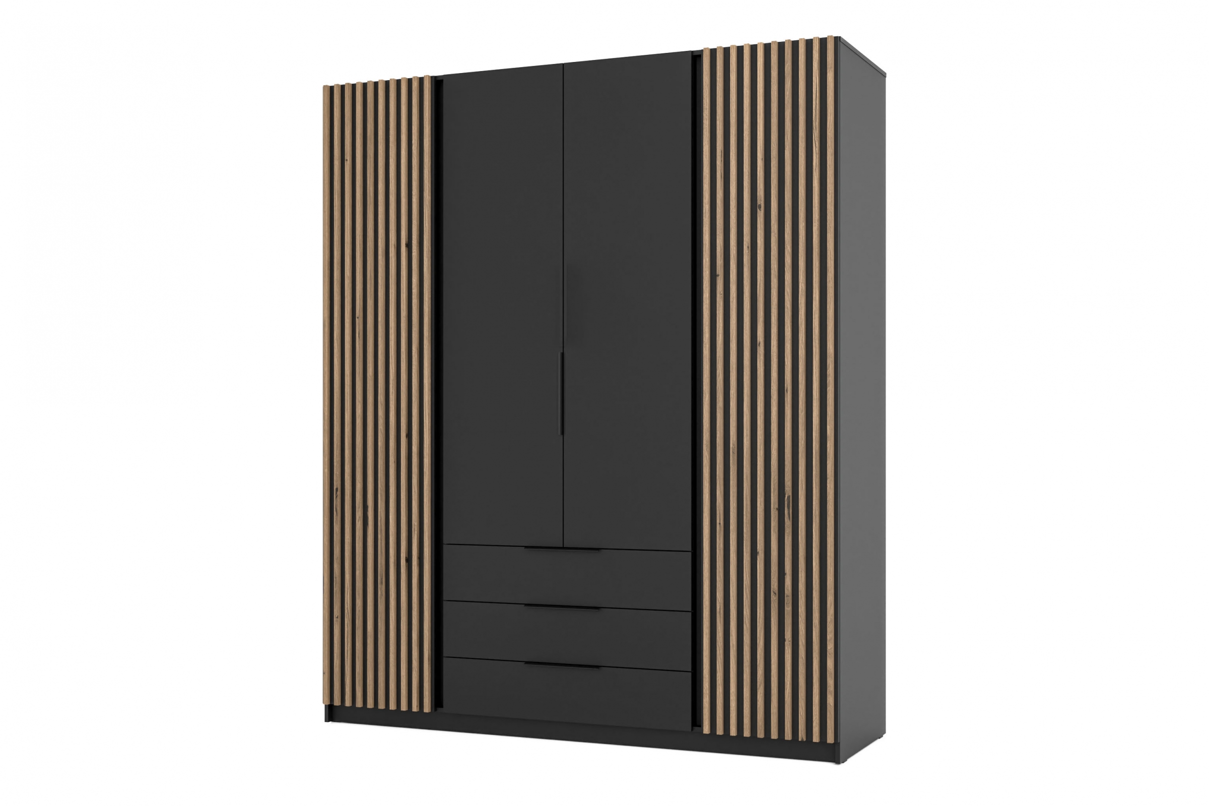 Skříň Sansi 2LAM2F3S se zásuvkami a lamelami 200 cm - černá / dubové lamely evoke skříň Kaja 2LAM2F3S s zásuvkami i lamelami 200 cm - černá / lamele dub evoke