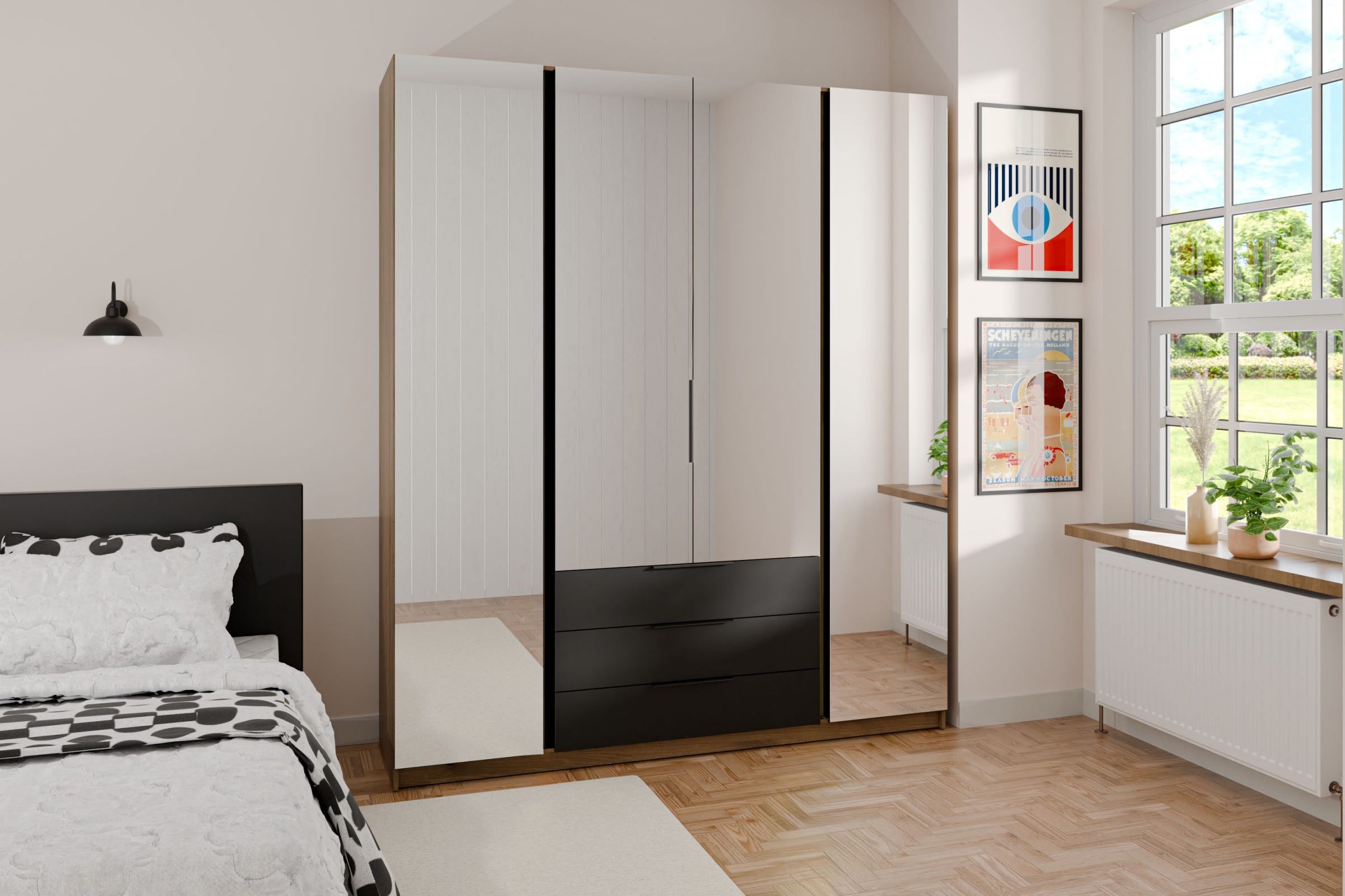 Skriňa Sansi 4L3S so zásuvkami i zrkadlom 200 cm - Dub evoke / Čierny Skriňa Kaja 4L3S so zásuvkami i zrkadlom 200 cm - Dub evoke / Čierny