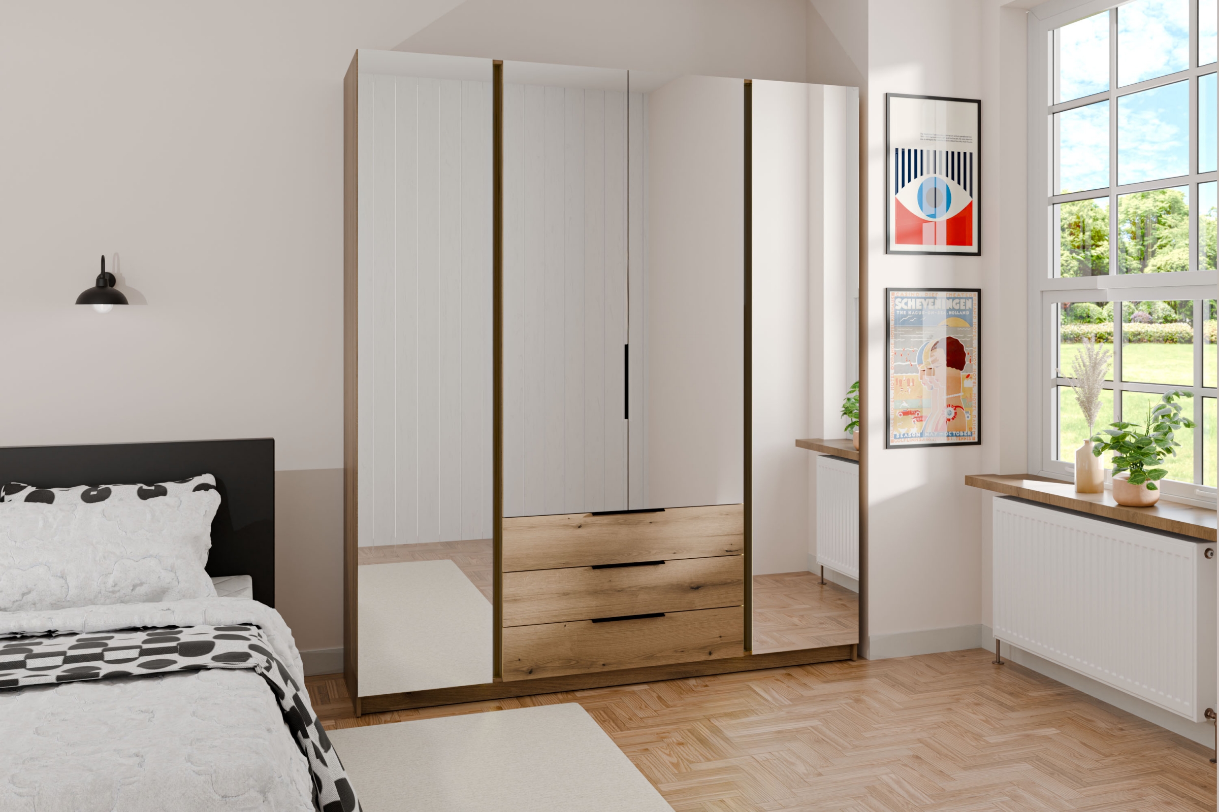 Skříň Sansi 4L3S se zásuvkami a zrcadlem 200 cm - dub evoke skříň Kaja 4L3S s zásuvkami i zrcadlem 200 cm - dub evoke