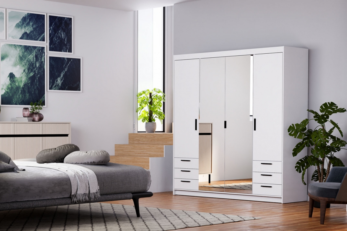 Šatní skříň Luiza se zrcadlem 176 cm - bílá skříň Lena 4D6S s zásuvkami i zrcadlem 176 cm - Bílý