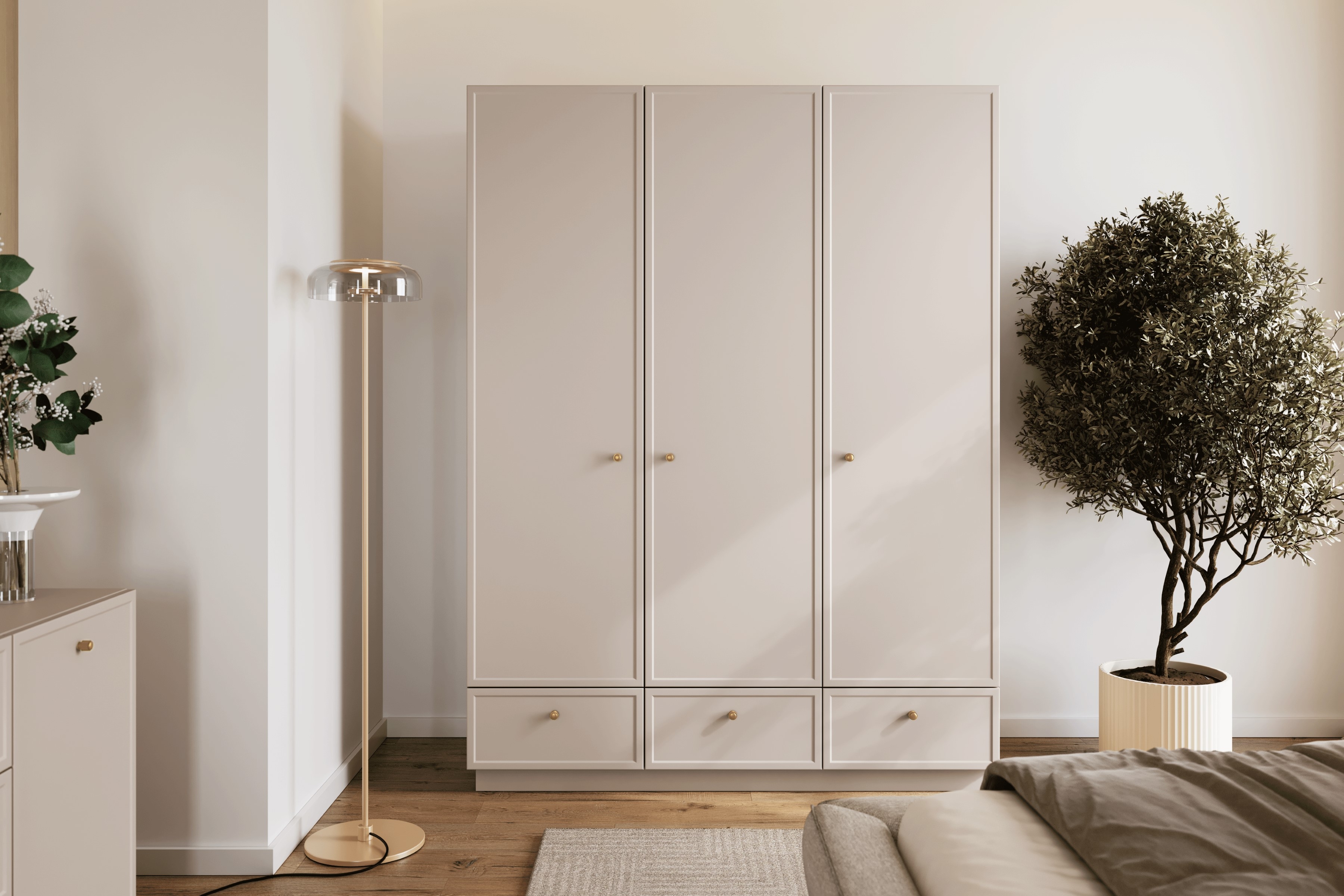 Šatní skříň Lorini 150 cm - kašmírová / zlaté úchytky skříň Lorini 150 cm z policemi - kašmír / zlote Úchytky