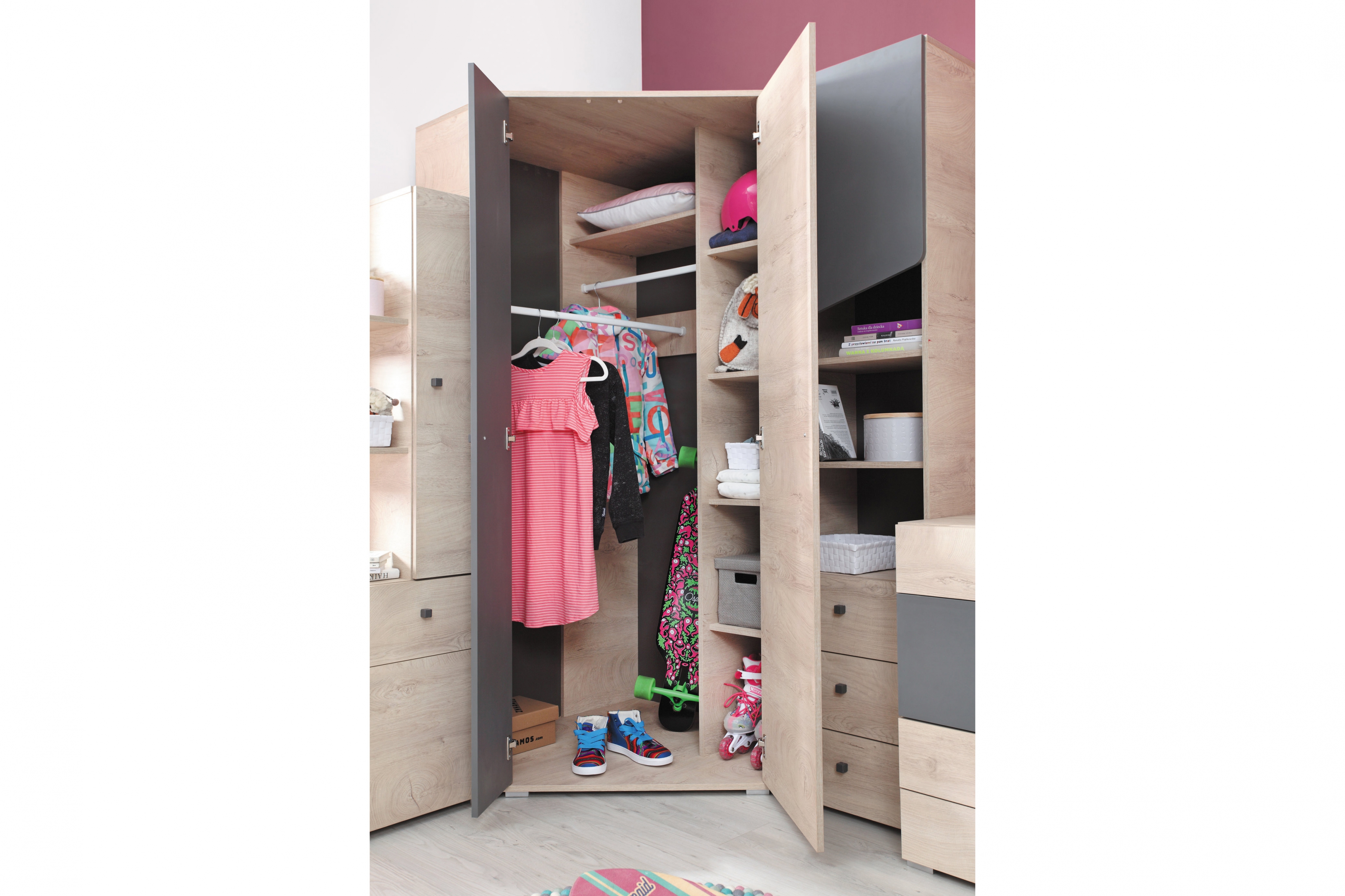 Rohová šatní skříň Ciljo 90 cm - dub / antracit skříň mlodziezowa Delta DL2 L/P - 90 cm - dub / antracitová