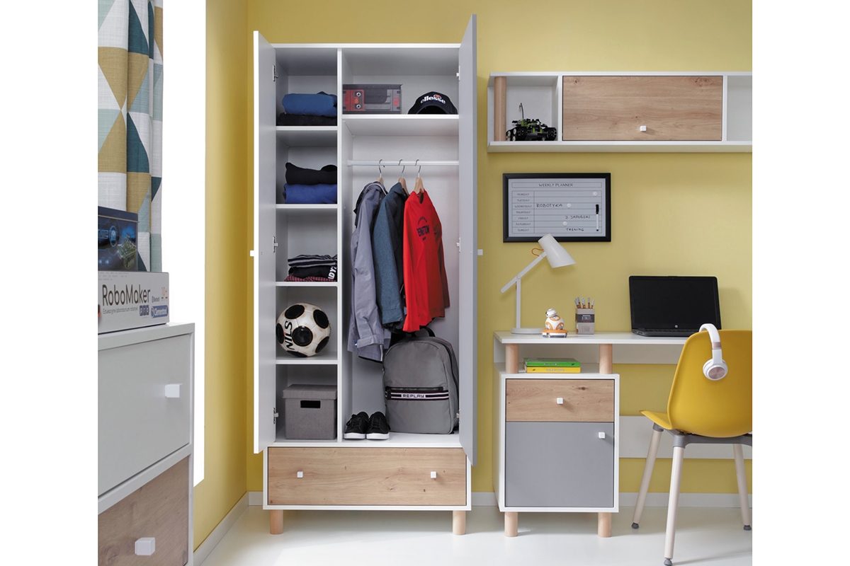 Skriňa so zásuvkou Faro FR3 - biely lux / Dub artisan / šedý Priestranná skriňa