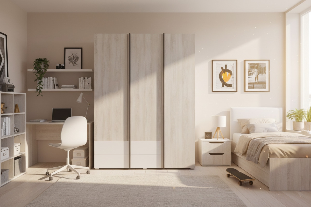 Studentská šatní skříň Lumo 1 150 cm se zásuvkami - dub wilton bílý / bílý lux / antracit skříň mlodziezowa Lumo 1 150 cm se zásuvkami - dub wilton bílá / bílá lux / antracitová