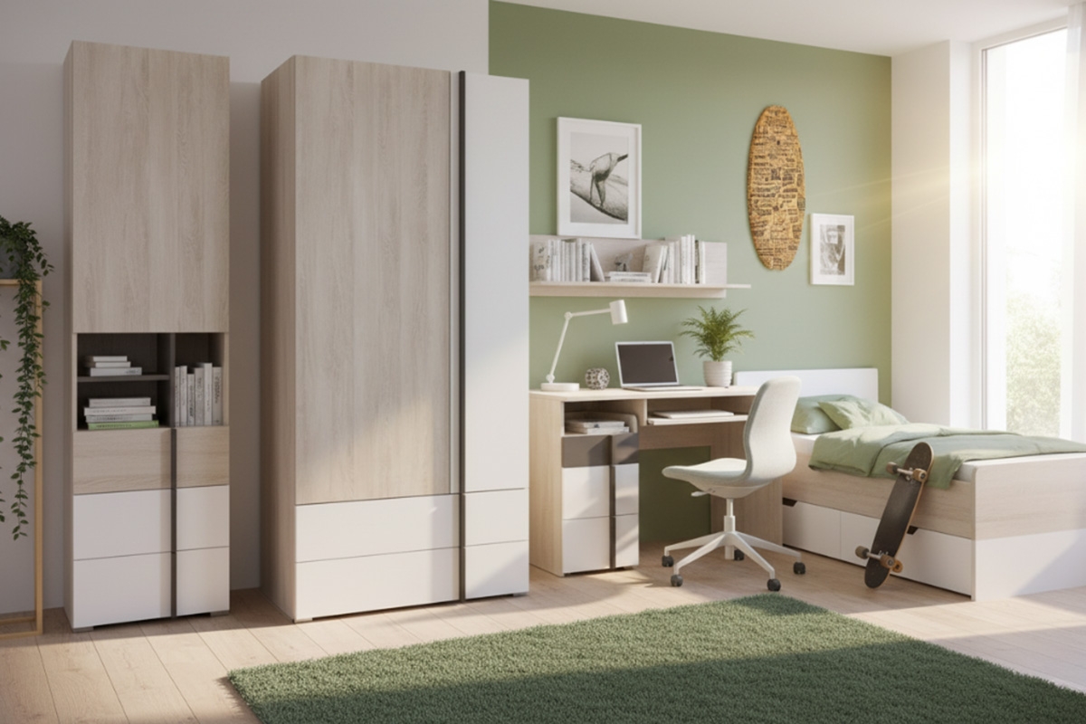 Studentská skříň Lumo 2 90 cm se zásuvkami - dub wilton bílý / bílý lux / antracit skříň mlodziezowa Lumo 2 90 cm se zásuvkami - dub wilton bílá / bílá lux / antracitová