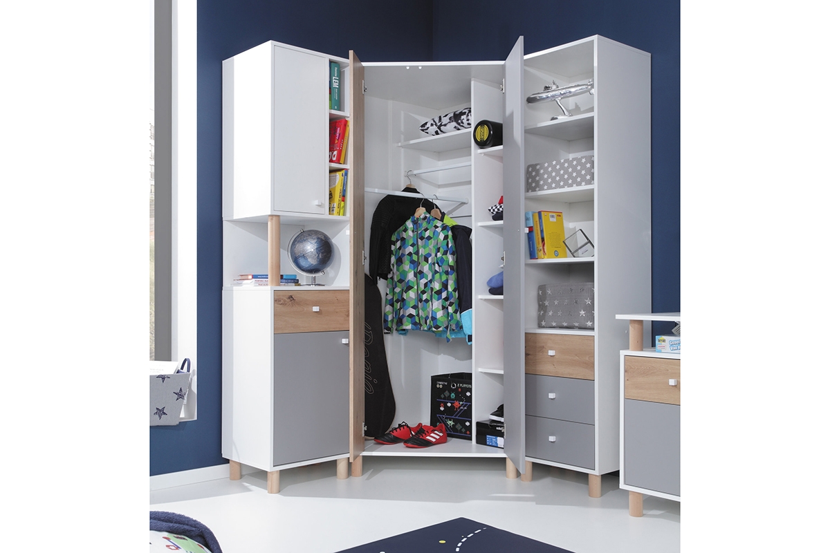 Rohová skriňa Faro FR2 - biely lux / Dub artisan / šedý Komplet nábytku pre mladých