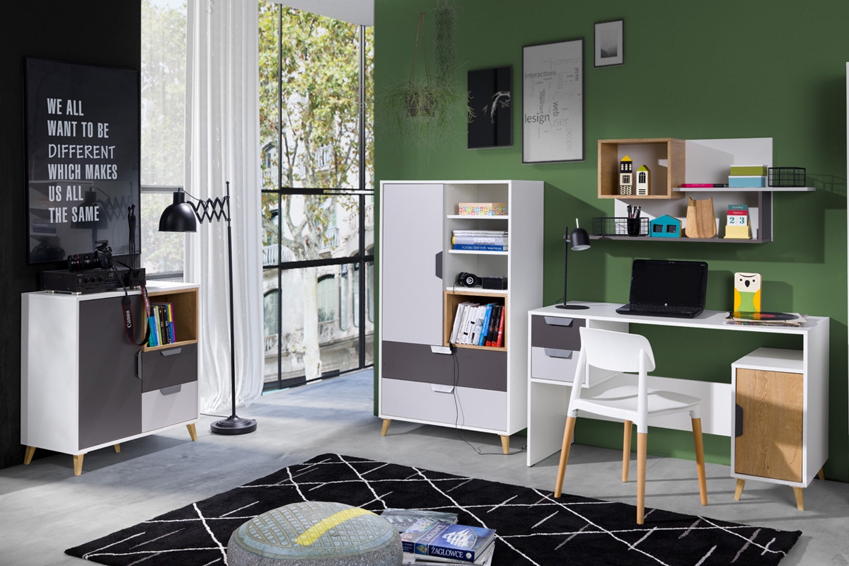 Skriňa Shark 1 so zásuvkami - biela / grafitová / šedá / dub lefkas kolekcia mlodziezowa Shark - Biely/grafit/šedý/Dub Lefkas