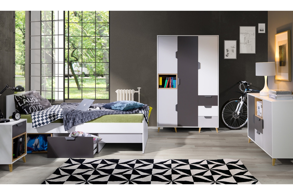 Skriňa Shark 1 so zásuvkami - biela / grafitová / šedá / dub lefkas kolekcia mlodziezowa Shark - Biely/grafit/šedý/Dub Lefkas